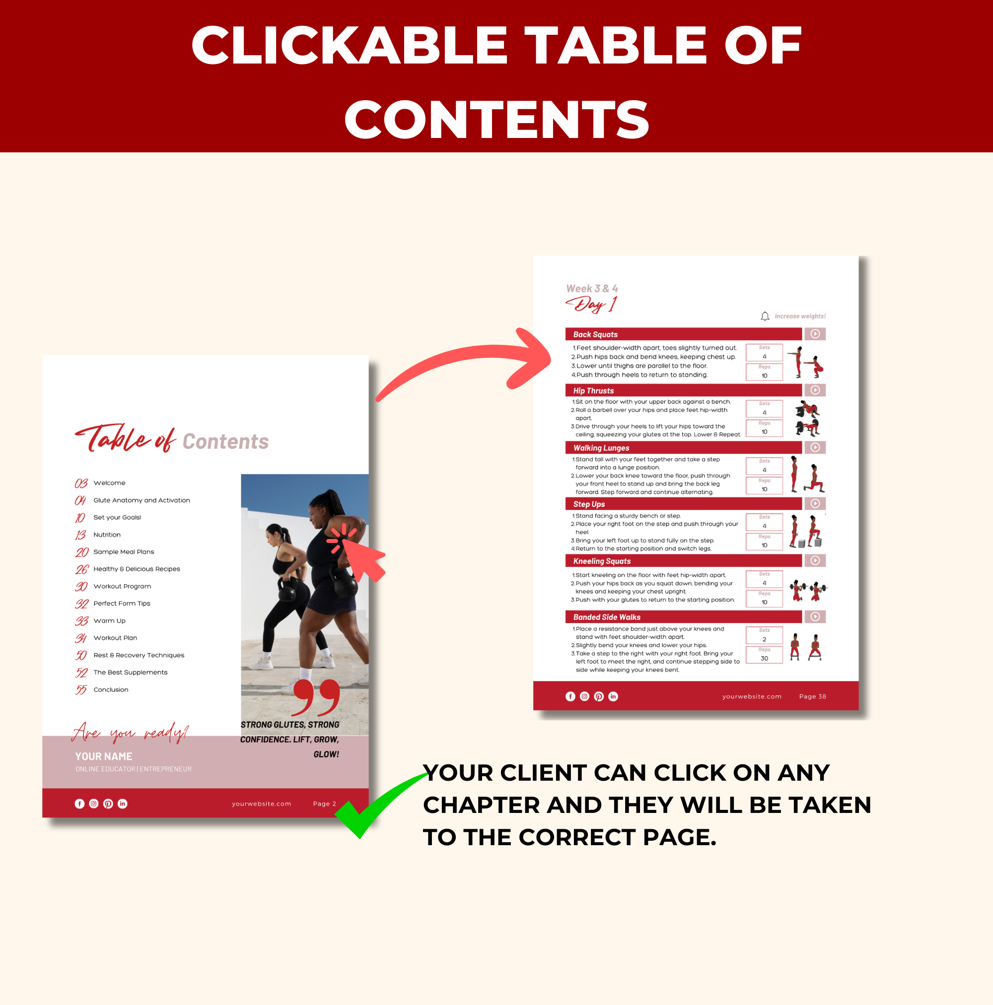 preview of clickable table of contents in this Red 8-Week Bootylicious Workout Program, PLR Digital Product, Canva eBook Template