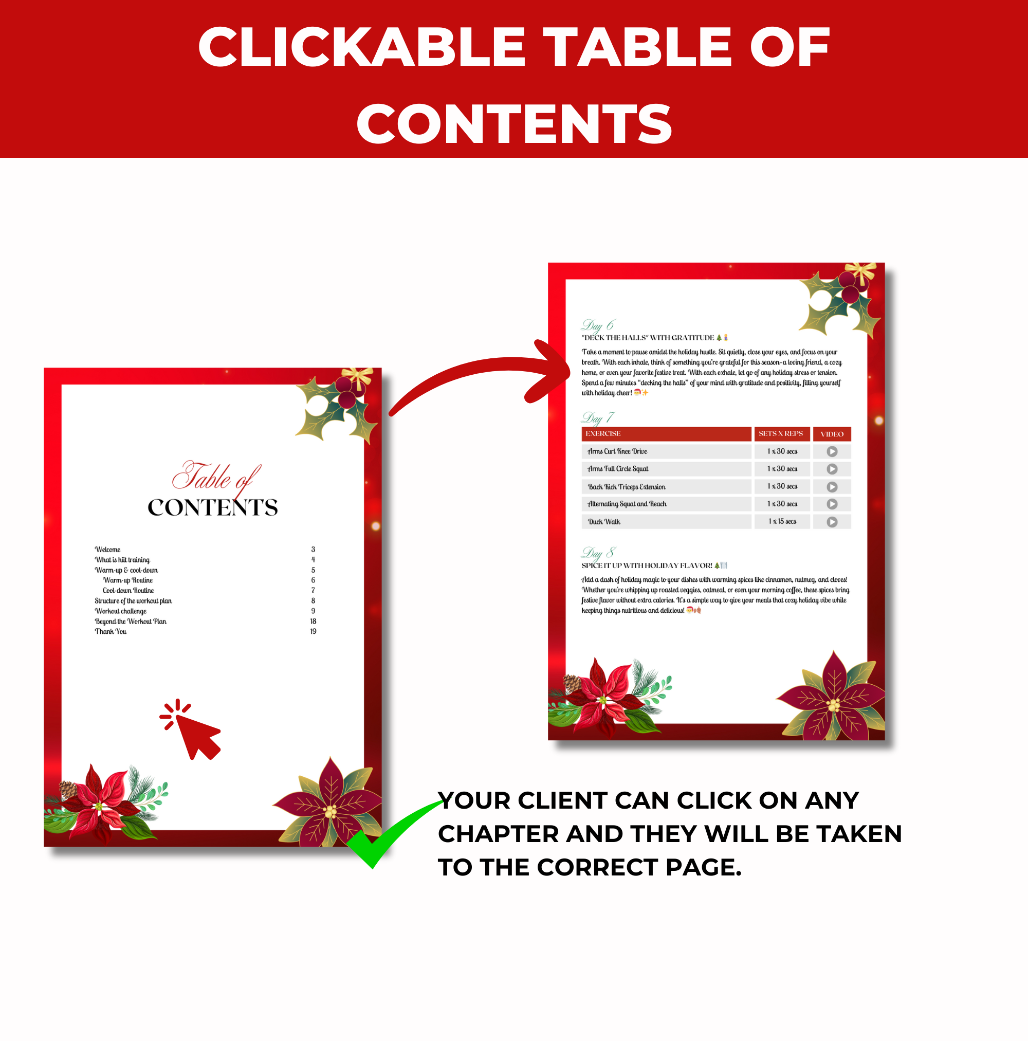 preview of clickable table of contents included in this 25-Day Christmas HIIT Challenge, PLR Digital Product, Canva eBook Template