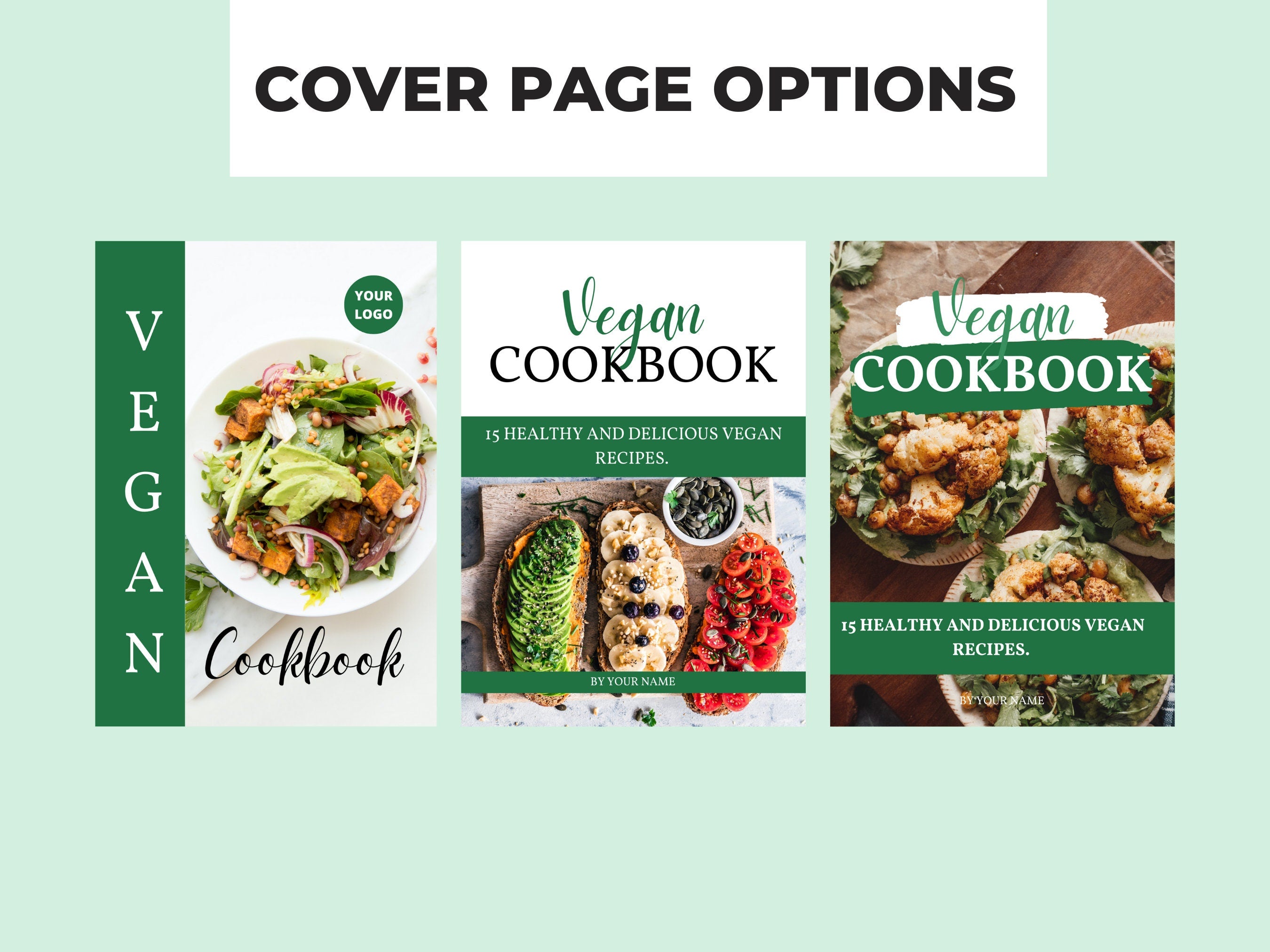 preview of cover page designs for this vegan cookbook template
