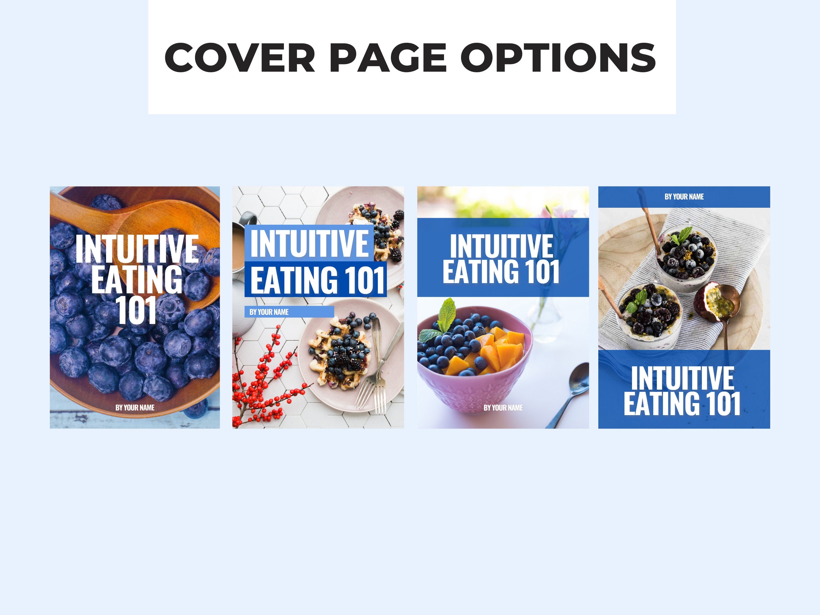 preview of cover page options included with this canva eBook template on intuitive eating, plr digital product