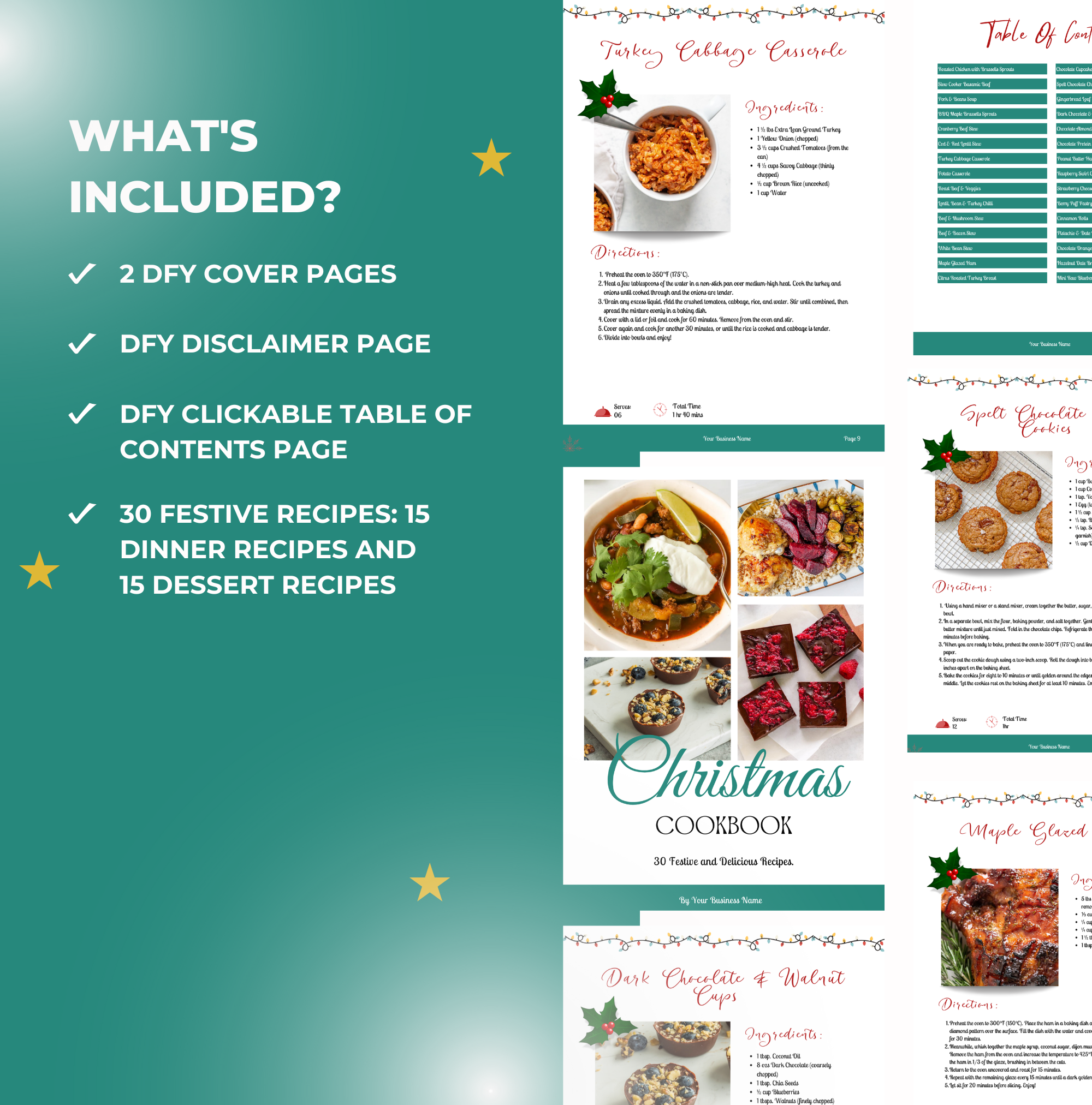 preview of everything that is included in the 30 Christmas Recipes, Canva Cookbook Template, PLR Digital Product