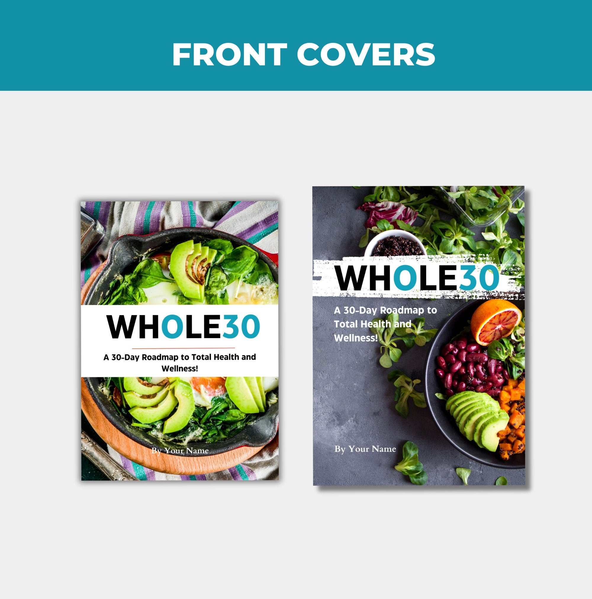 preview of front cover design options found in this whole30guide, Canva eBook template, PLR digital product