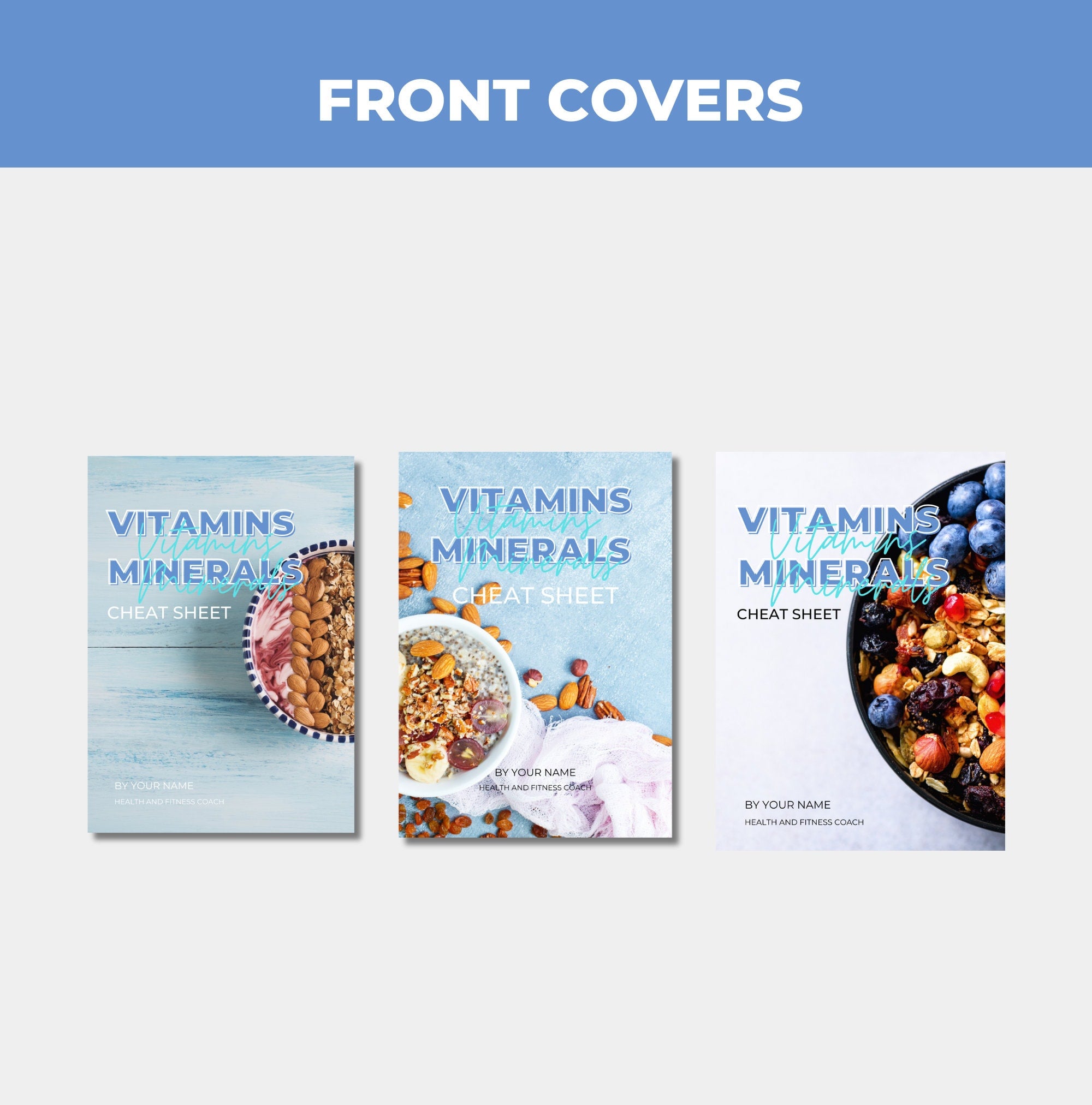 preview of front cover design options included in this vitamin and mineral cheat sheet, Canva eBook template, PLR digital product
