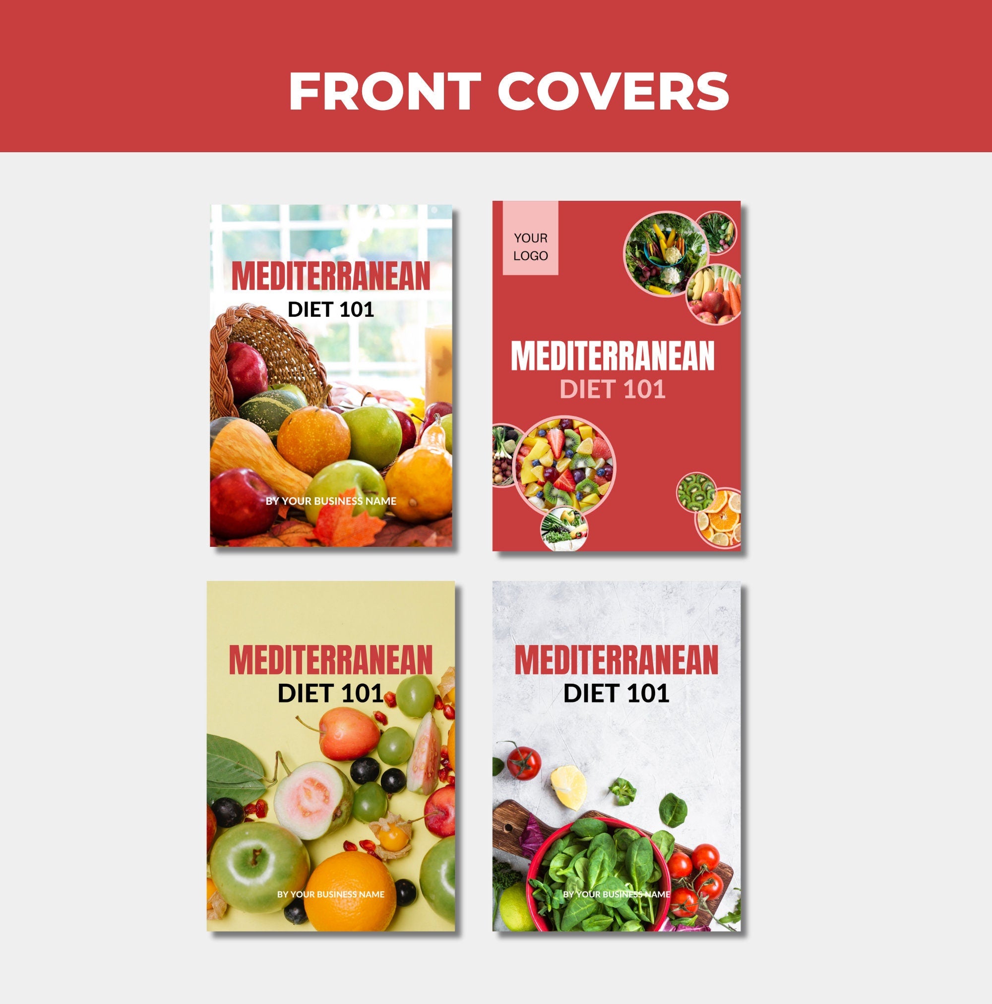 preview of front cover design options included with this mediterranean diet 101 guide, canva eBook template, pLR digital product