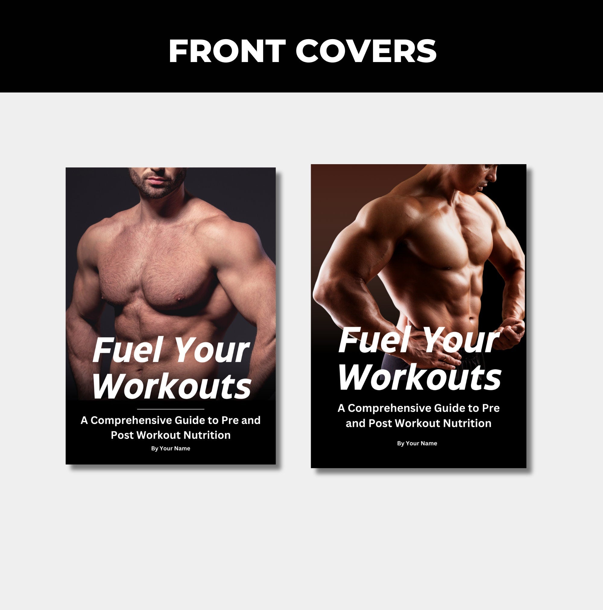 preview of front cover design options included with this pre and post workout nutrition guide, Canva eBook template, PLR digital product