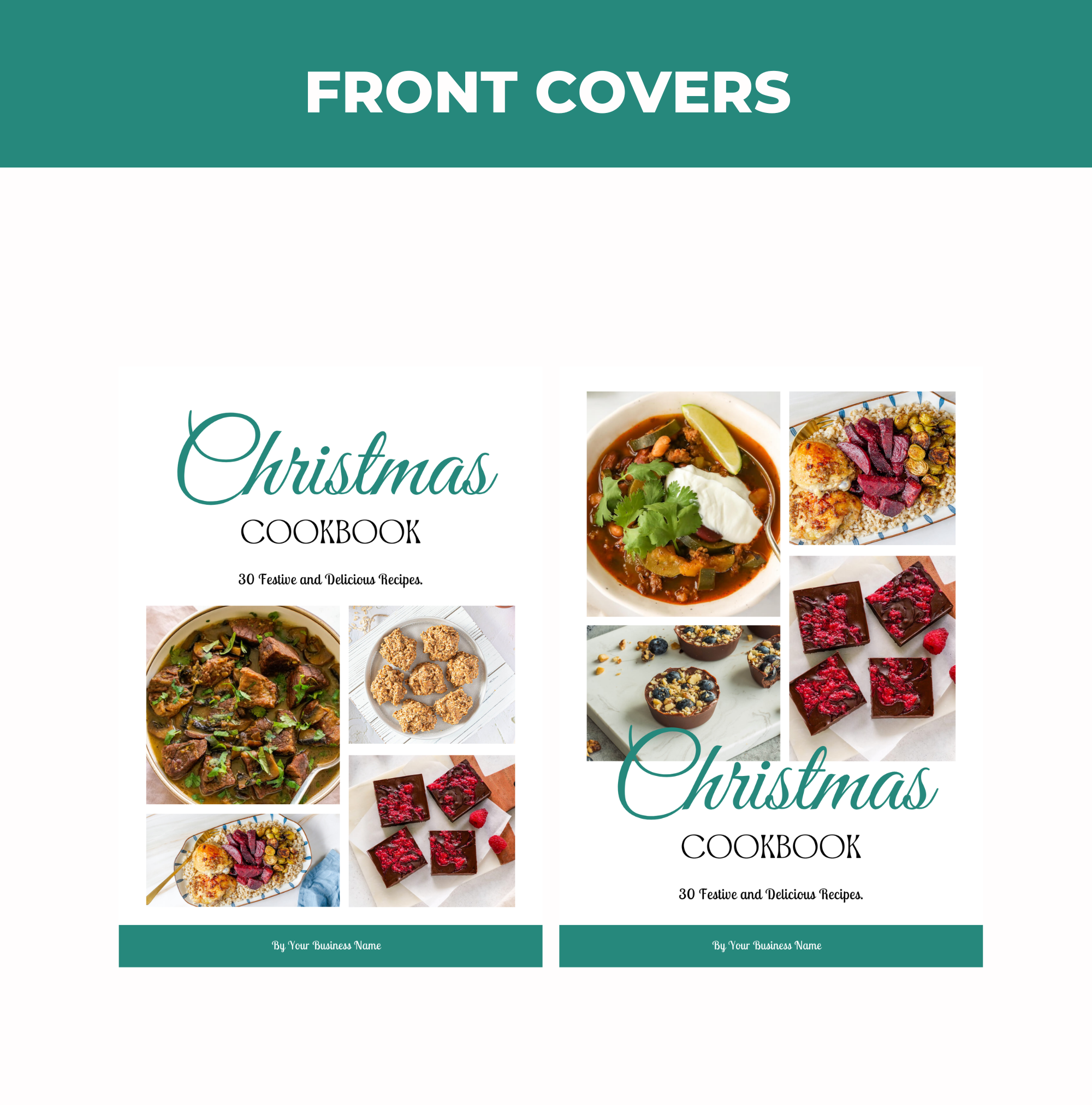 preview of front cover designs found in this 30 Christmas Recipes, Canva Cookbook Template, PLR Digital Product