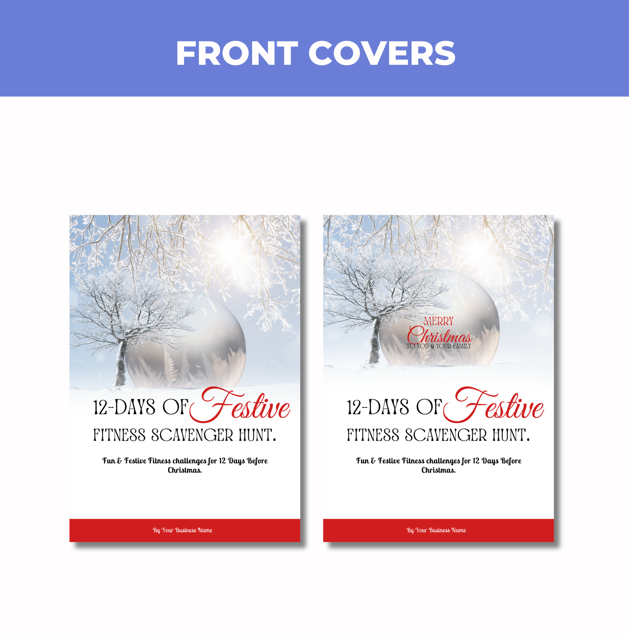 preview of front cover designs included in this 12 Days of Festive Fitness Scavenger Hunt, Canva eBook Template, PLR Digital Product