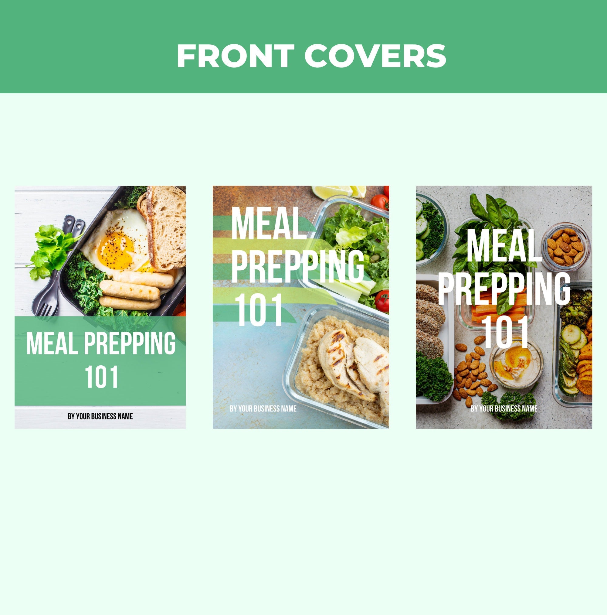preview of front cover designs included in this meal prepping 101 guide, canva eBook template, PLR digital product