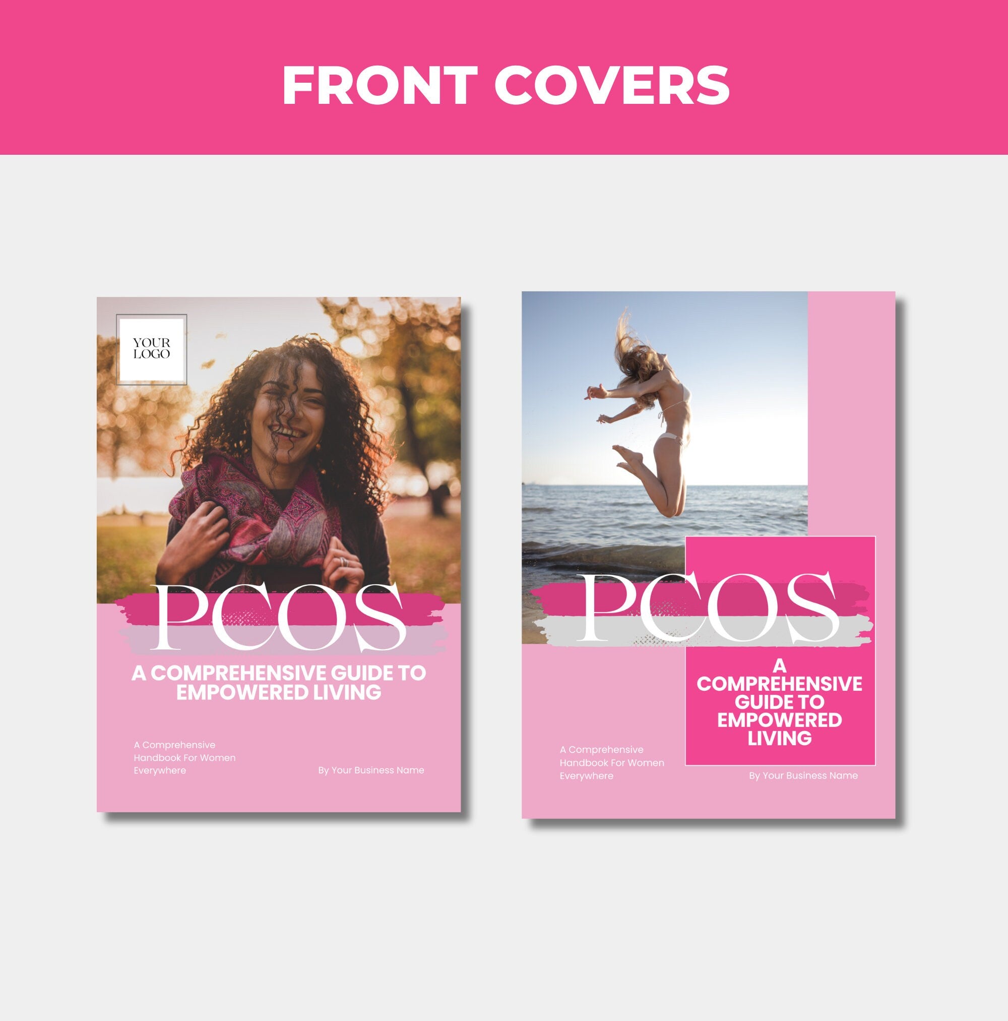 preview of front cover designs included with this PCOS guide, Canva eBook template, PLR digital product