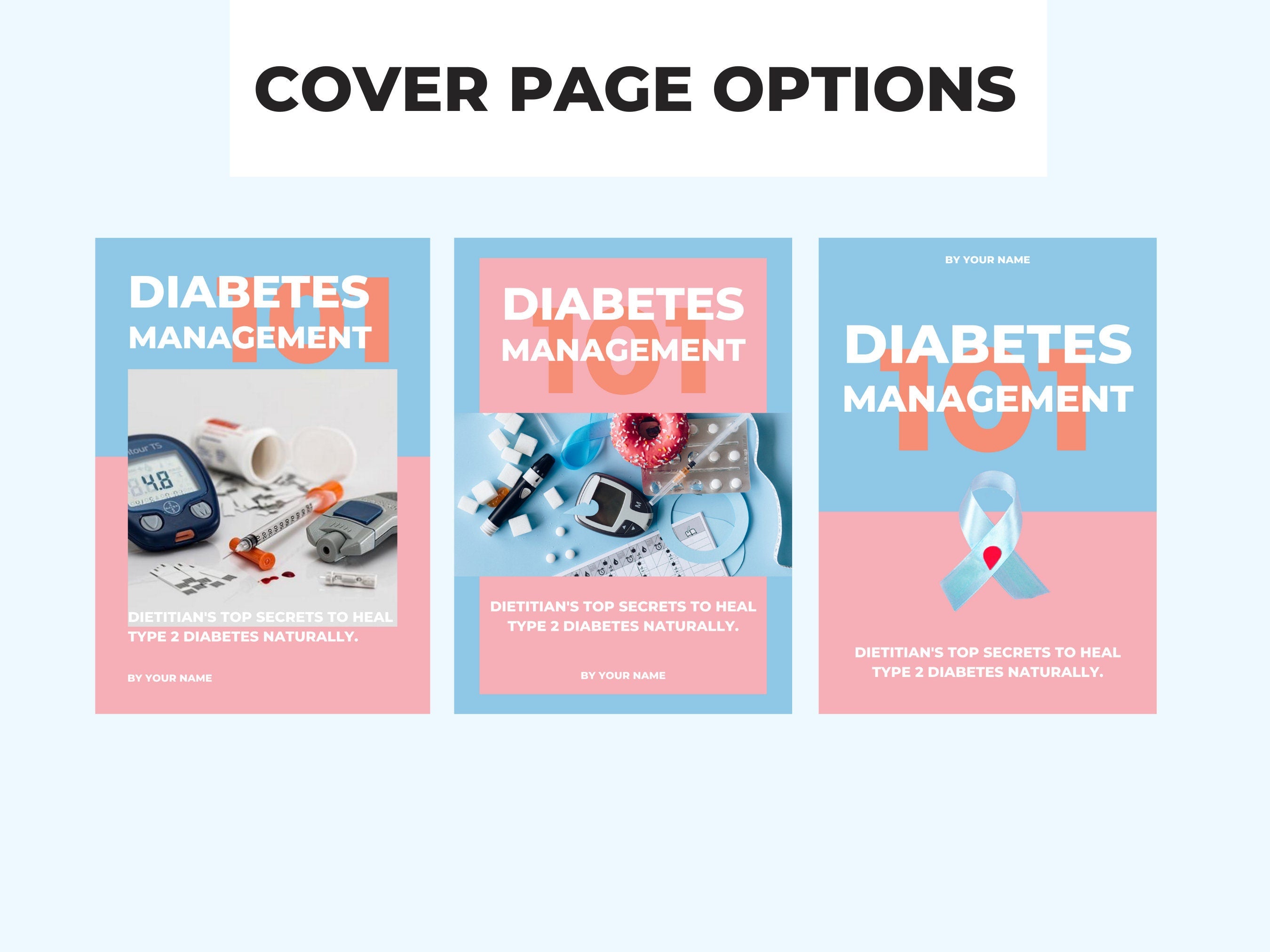 preview of front cover designs included with this canva eBook template about diabetes management, plr digital product