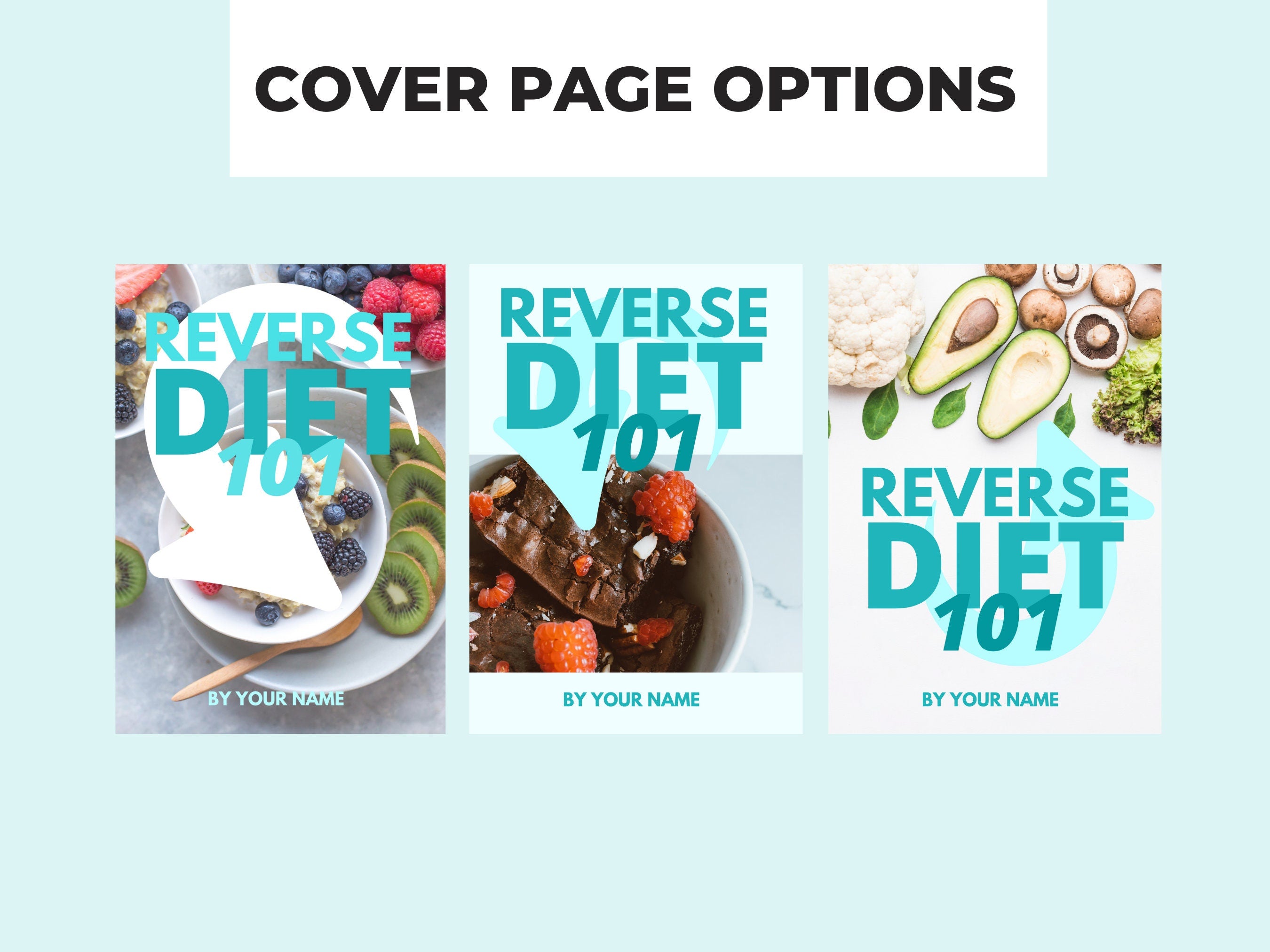 preview of front cover designs included with this canva eBook template on reverse diet ing, PLR digital product