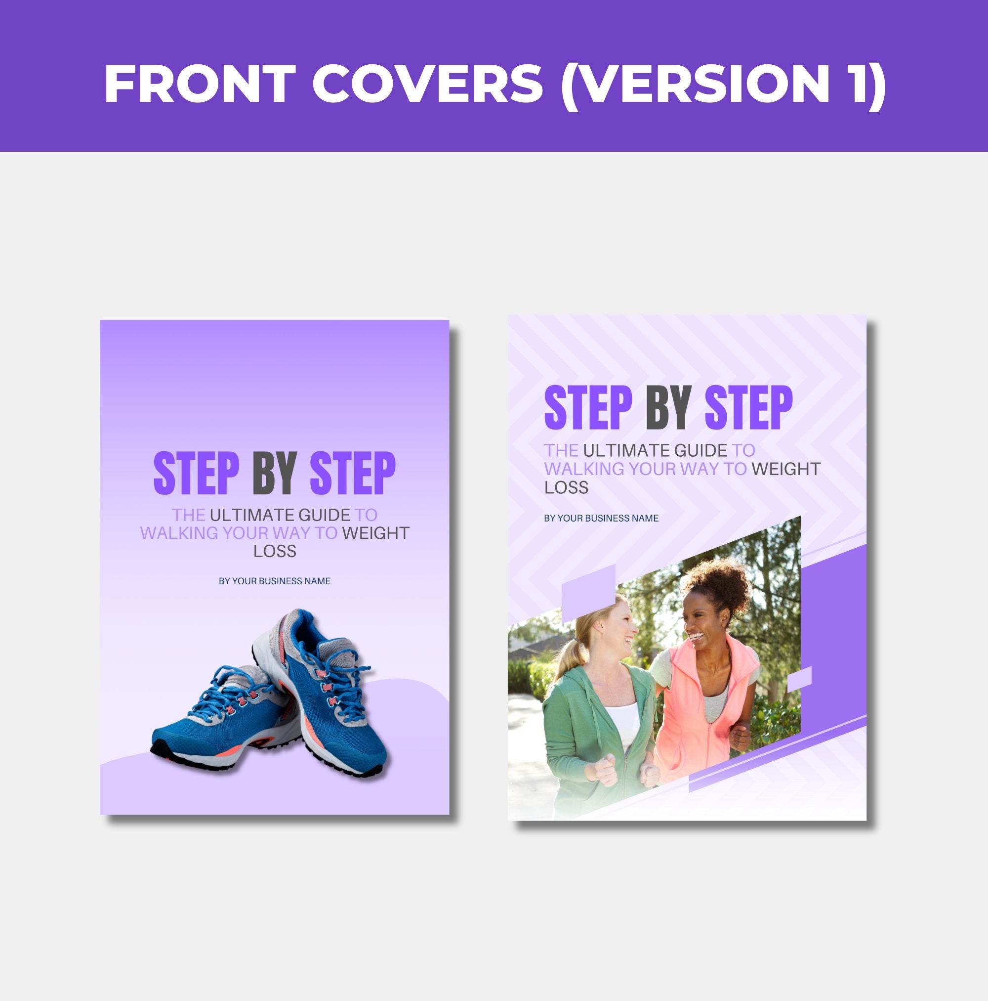 preview of front cover designs included with this guide to walking for weight loss, Canva eBook template, PLR digital product