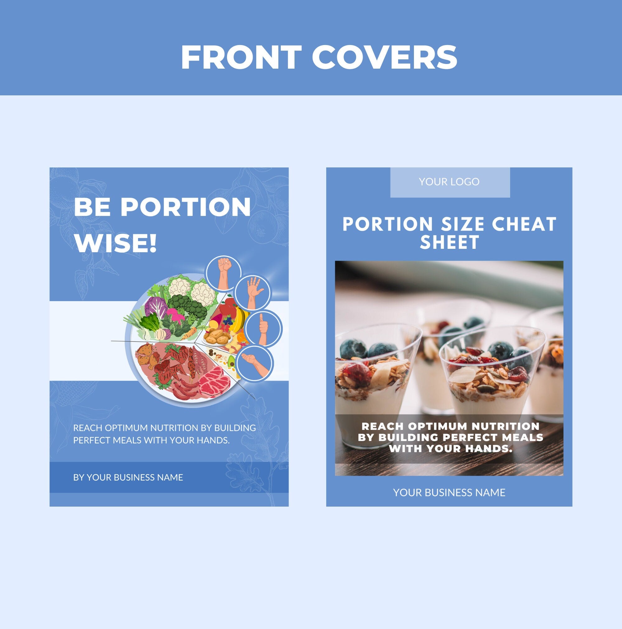 preview of front cover designs included with this portion size cheat sheet, Canva eBook template, PLR digital product