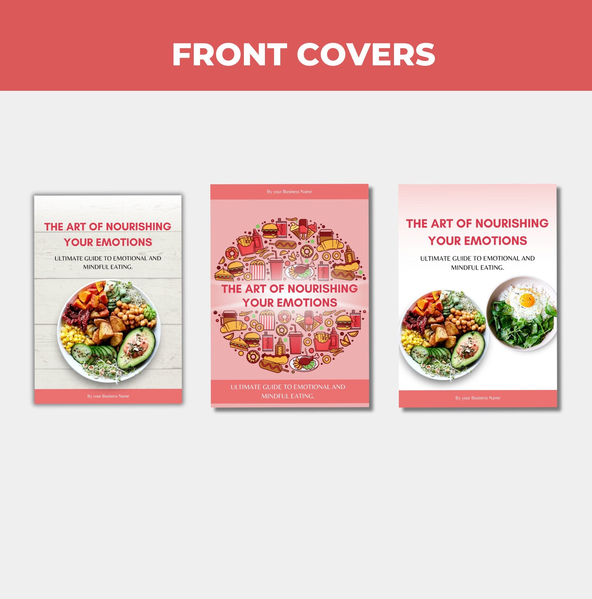 preview of front cover page designs included in this guide to emotional eating, Canva eBook template, PLR digital product
