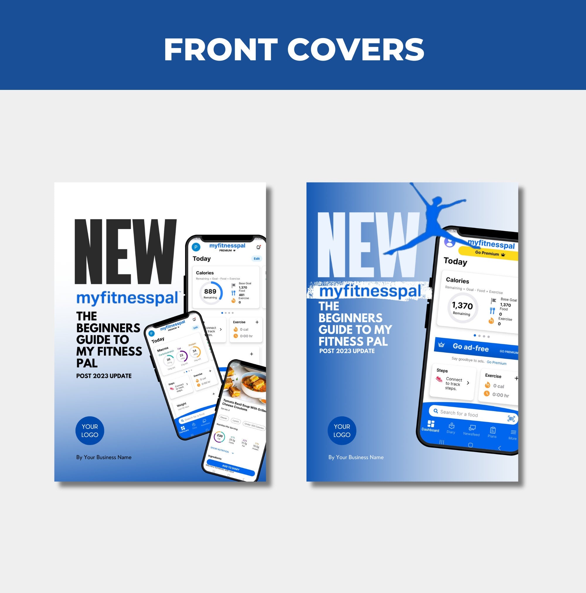 preview of front cover pages included with this myfitnesspal app guide, canva eBook template, plr digital product