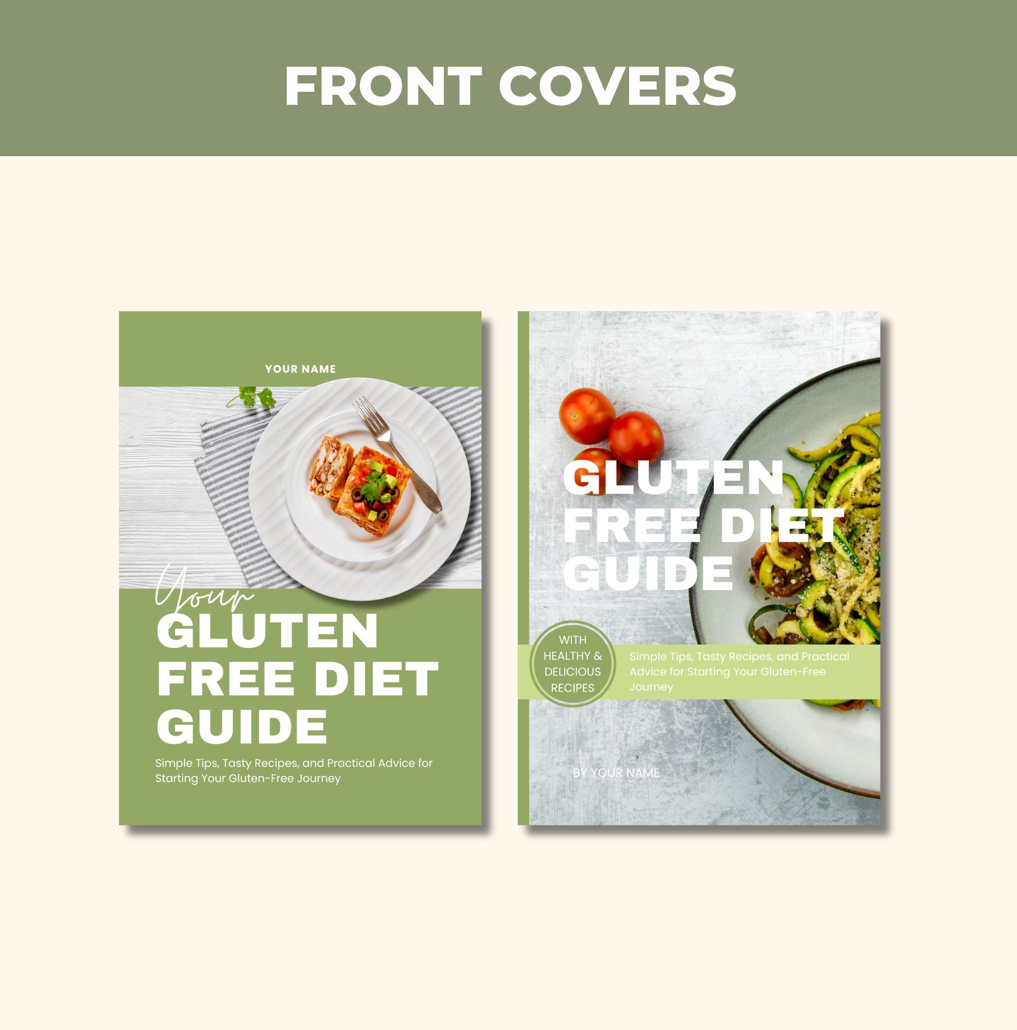 preview of front covers included in this Gluten-Free Diet Guide, PLR Digital Product, Canva eBook Template