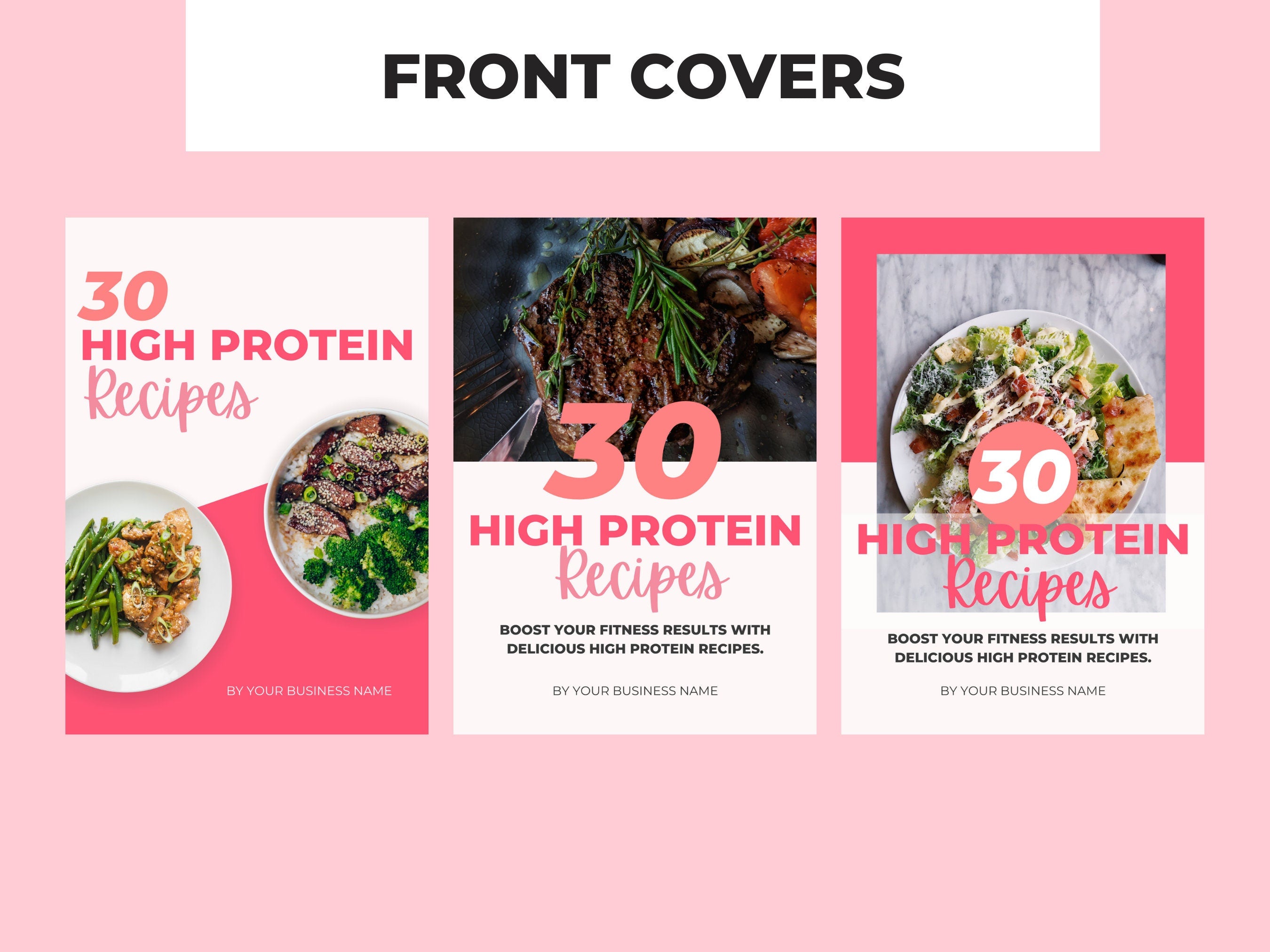 preview of front covers included with this high protein cookbook template