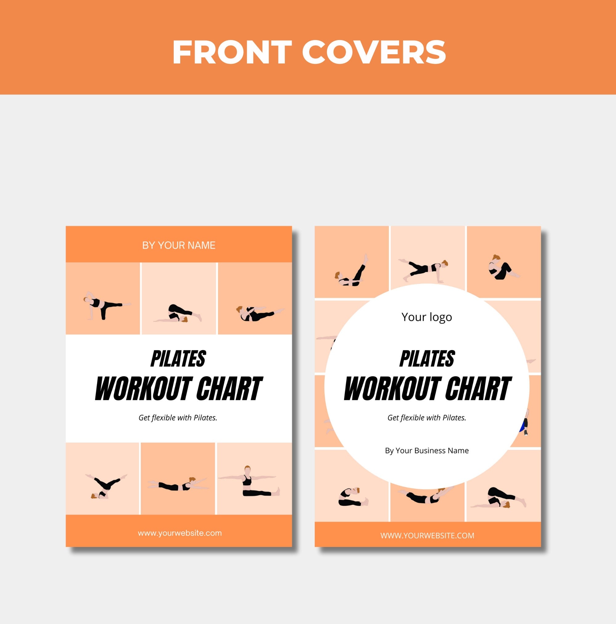 preview of front covers included with this pilates workout chart, canva eBook template, PLR digital product