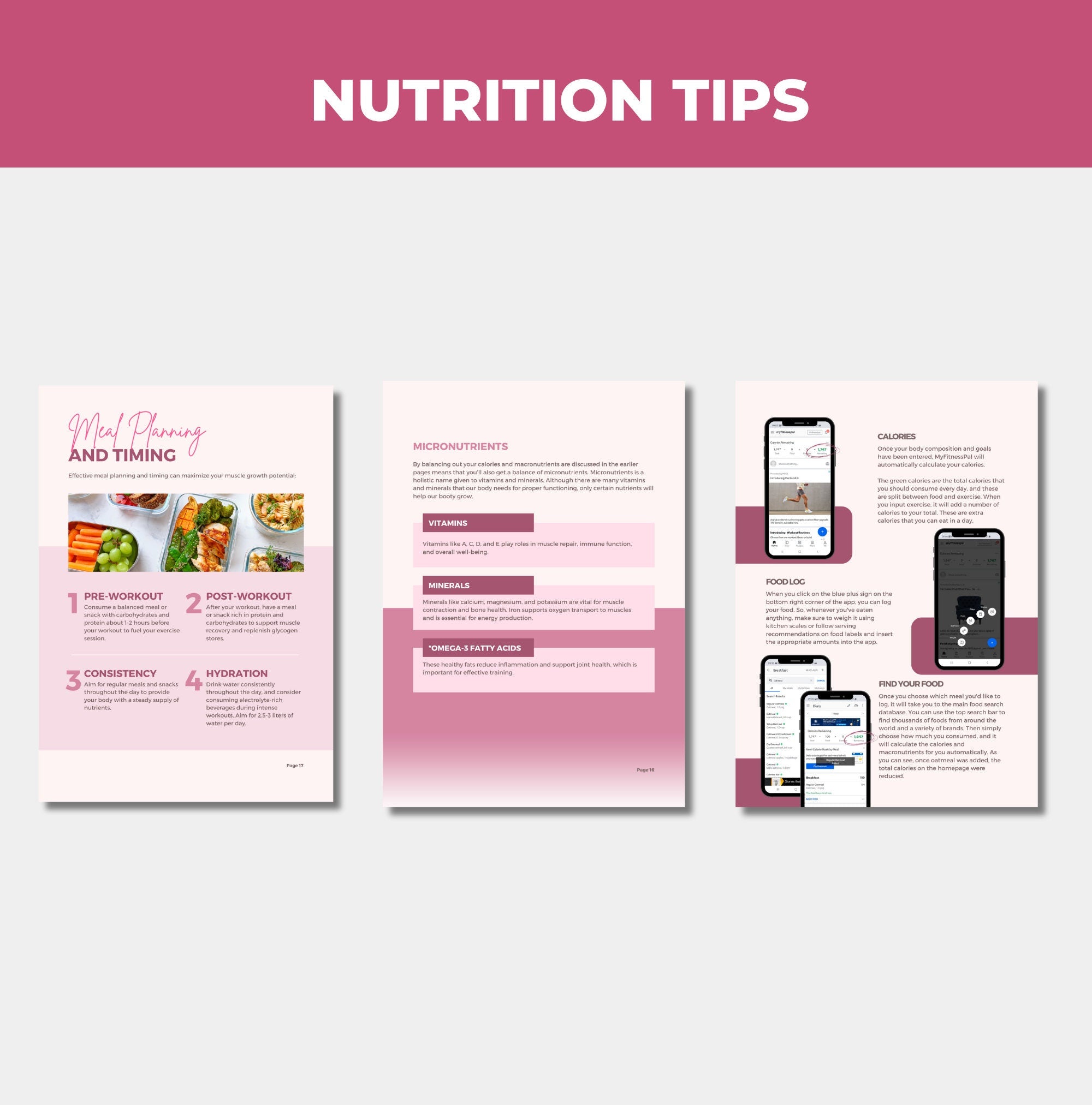 preview of nutrition pages foud in this glute growth guide, Canva eBook template, PLR digital product