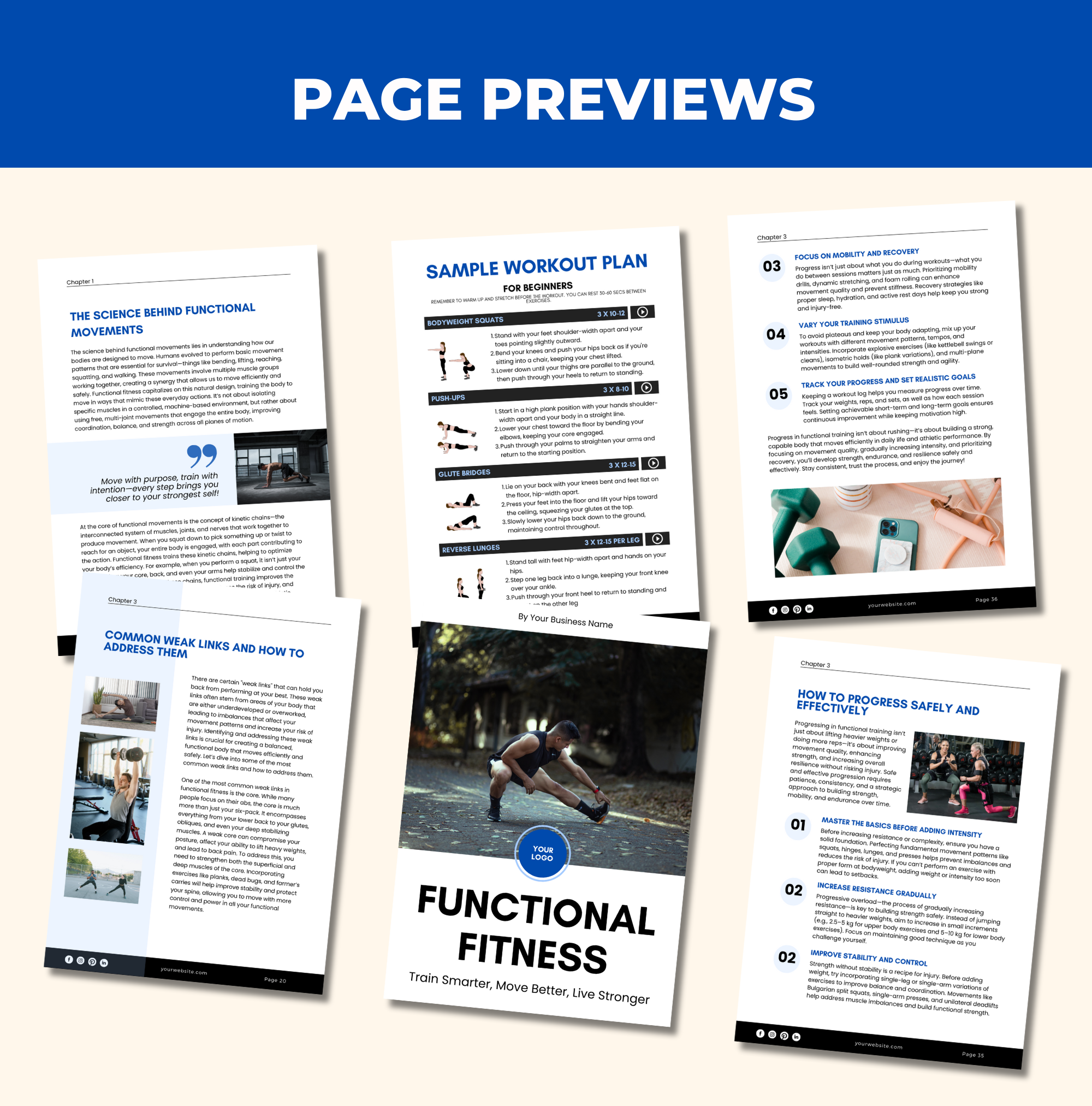 preview of page designs found in in this  Functional Fitness Guide, Canva eBook Template, PLR Digital Product