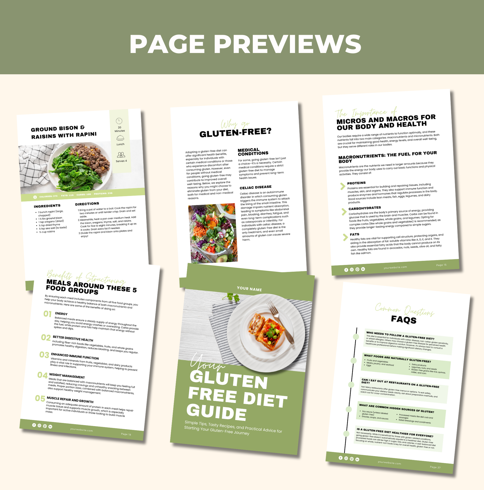 preview of page designs found in this Gluten-Free Diet Guide, PLR Digital Product, Canva eBook Template