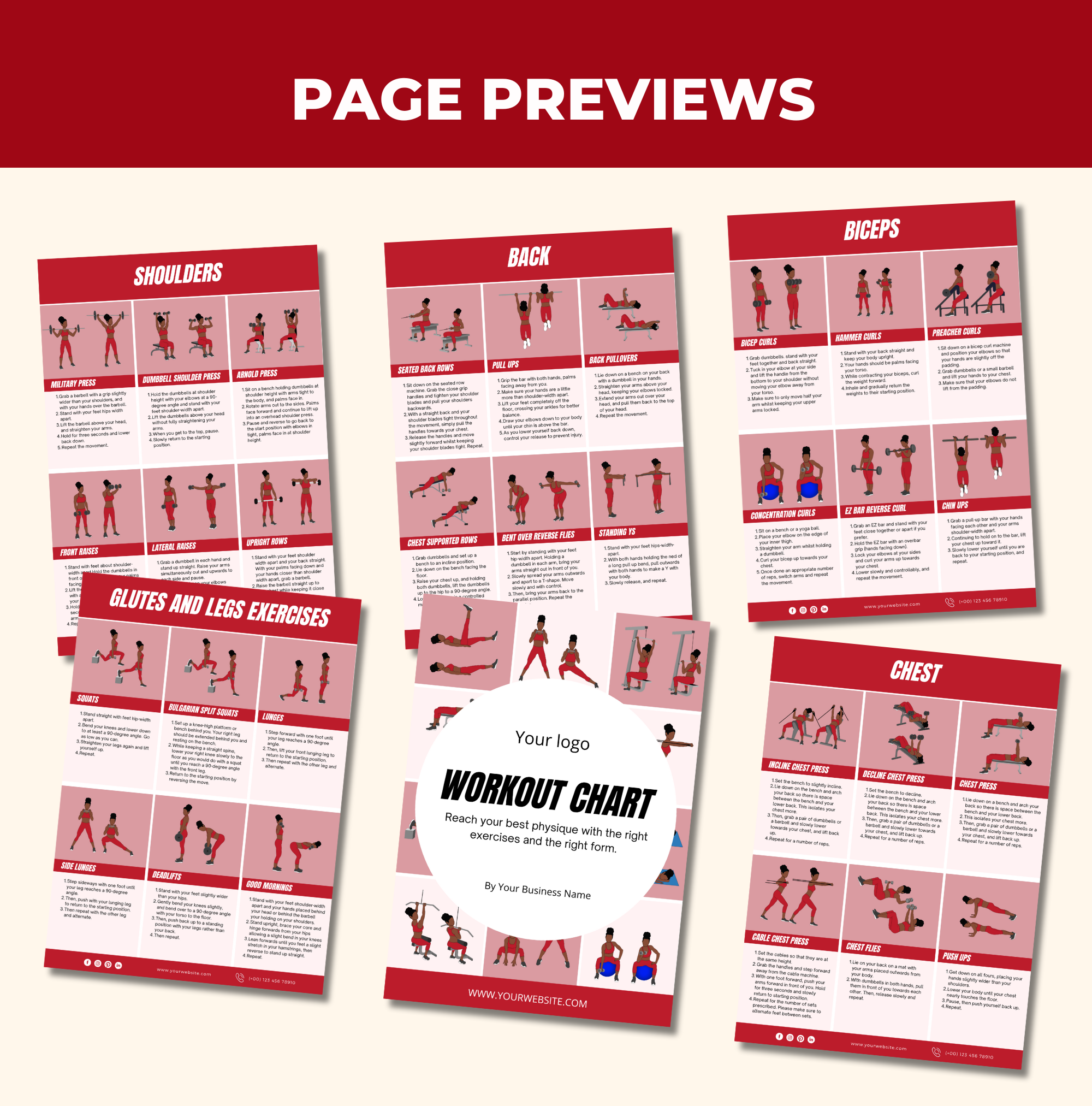 preview of page designs found in this Workout Chart, Canva eBook Template, PLR Digital Product