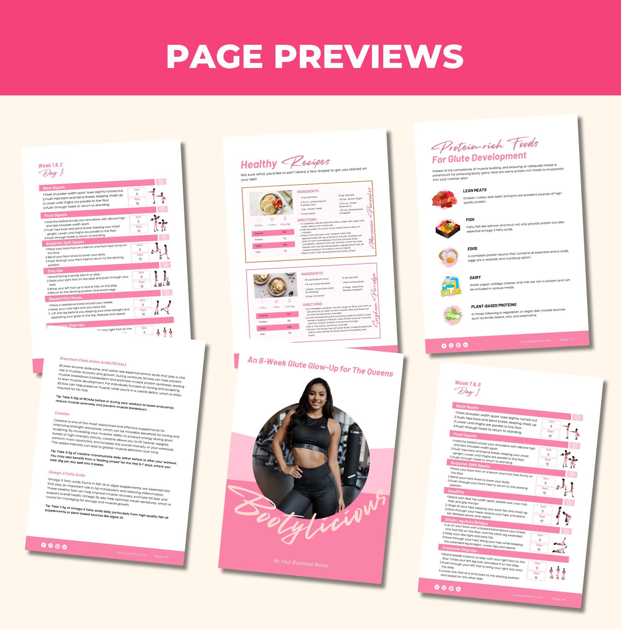 preview of page designs found in this pink workout plan