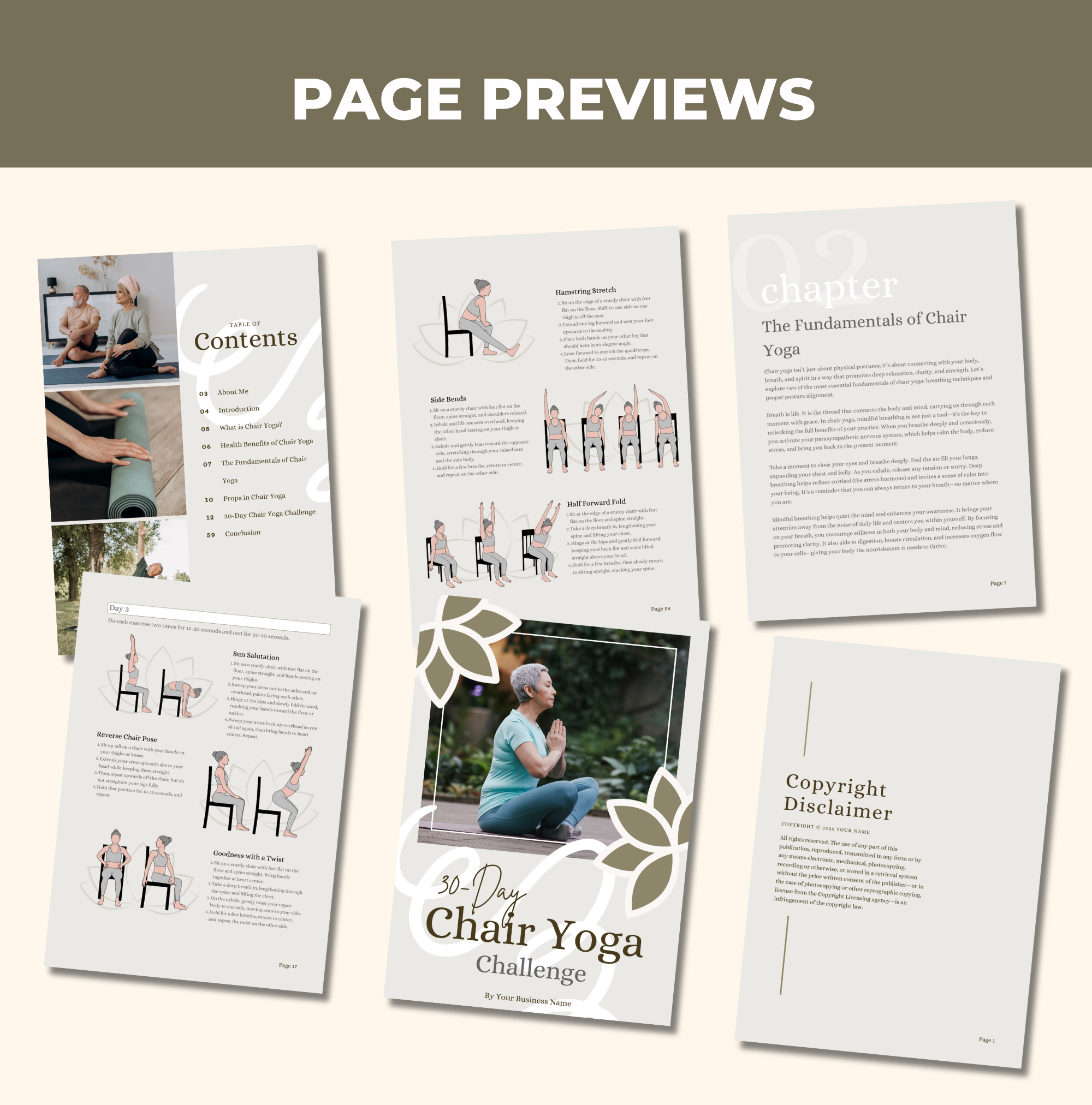 preview of page designs in 30-Day Chair Yoga Challenge, Canva eBook Template, PLR Digital Product