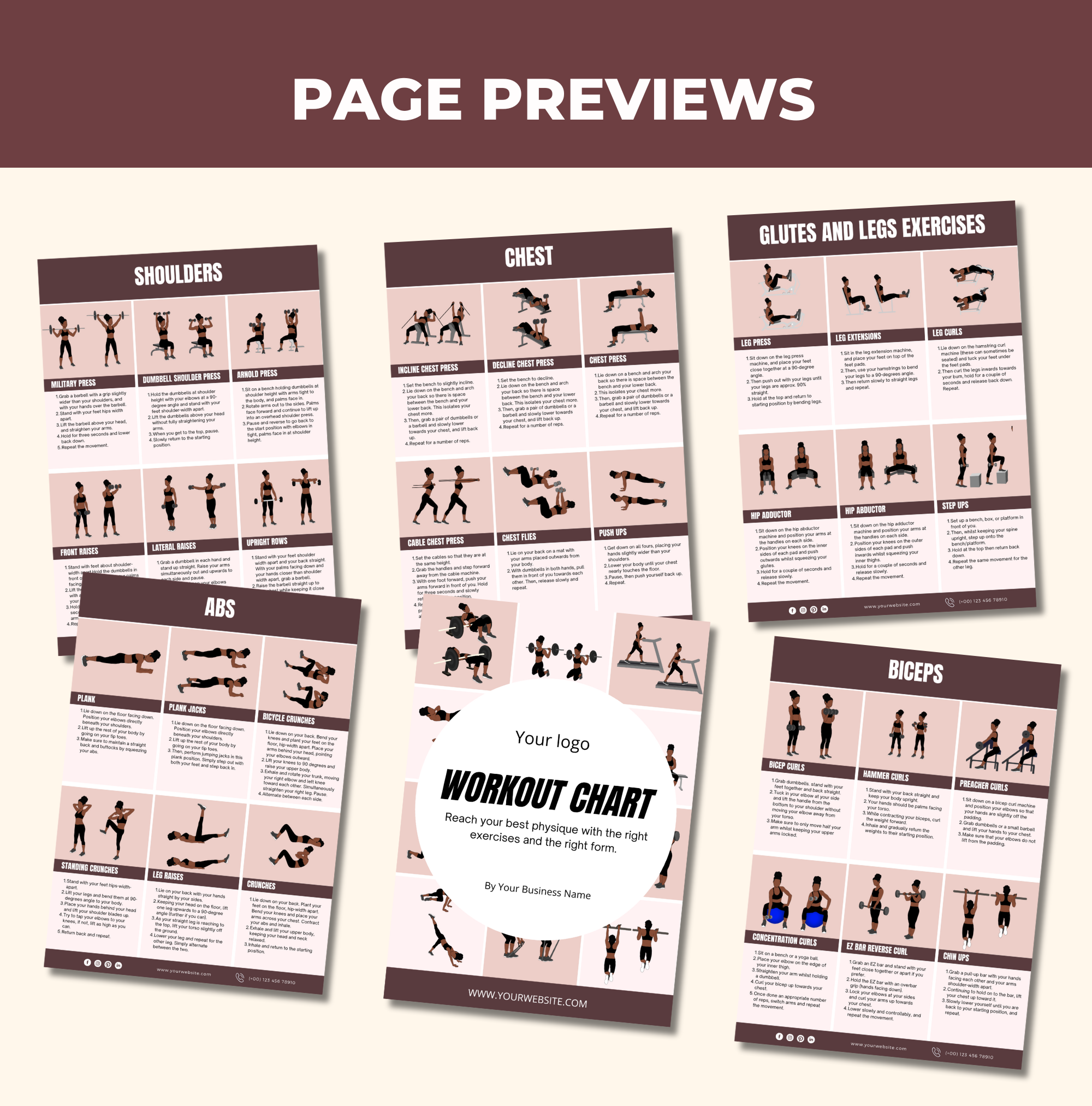 preview of page designs included in this Brown Workout Chart, Canva eBook Template, PLR Digital Product