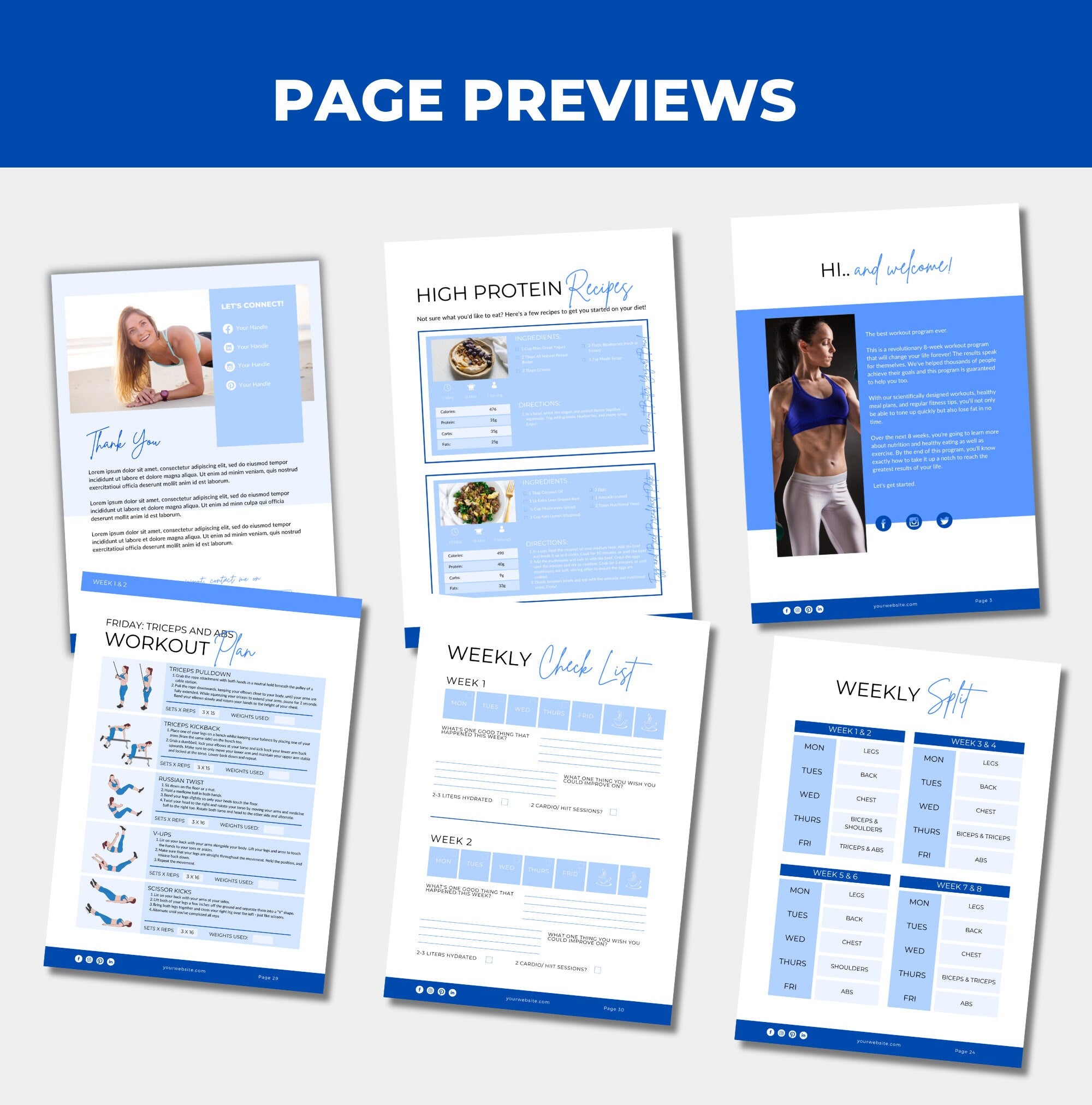 preview of page designs included in this workout plan template, plr digital product