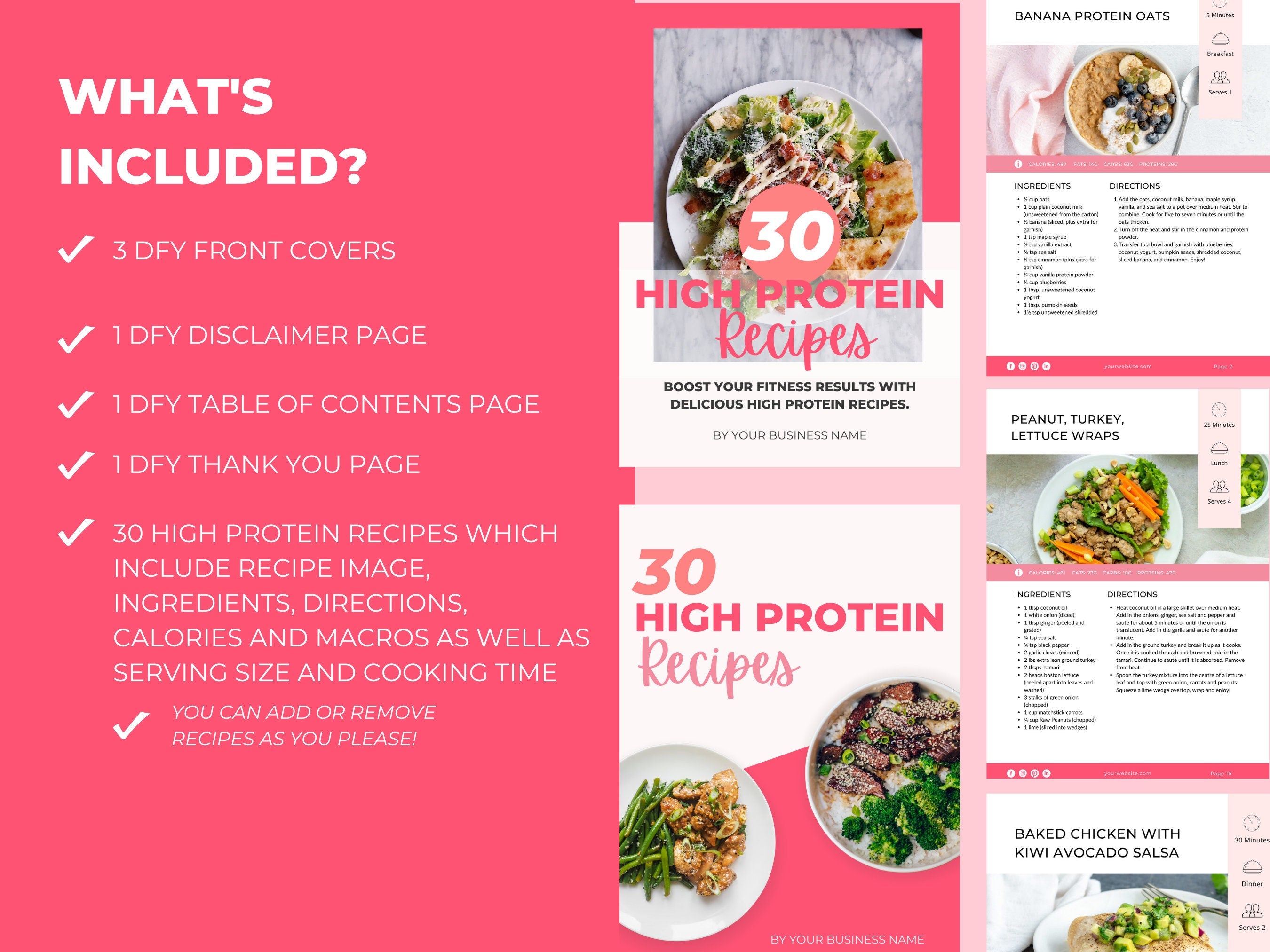 preview of pages and content found in this high protein cookbook template, plr digital product