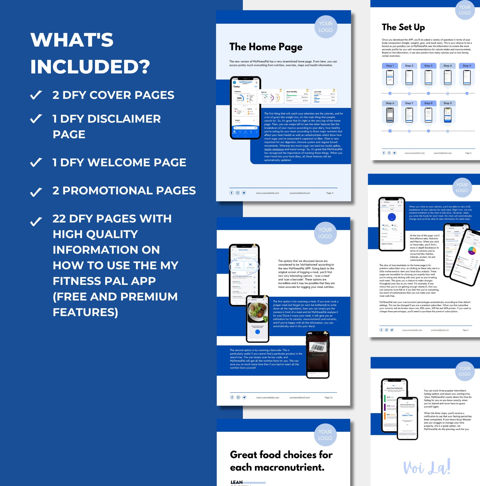 preview of pages and content included in the myfitnesspal app guide, canva eBook template, PLR digital product