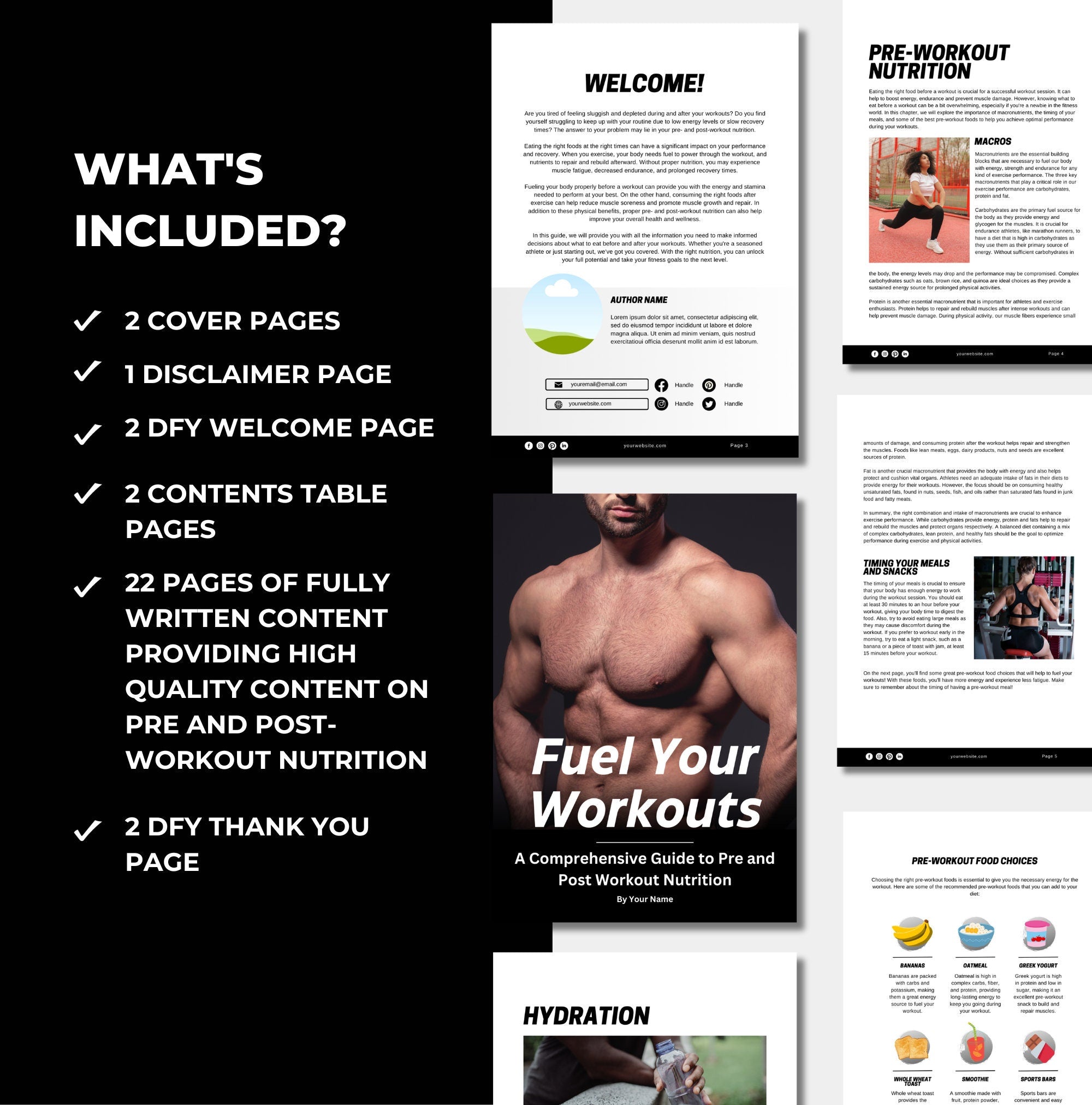 preview of pages and content included in thei pre and post workout nutrition guide, Canva eBook template, PLR digital product
