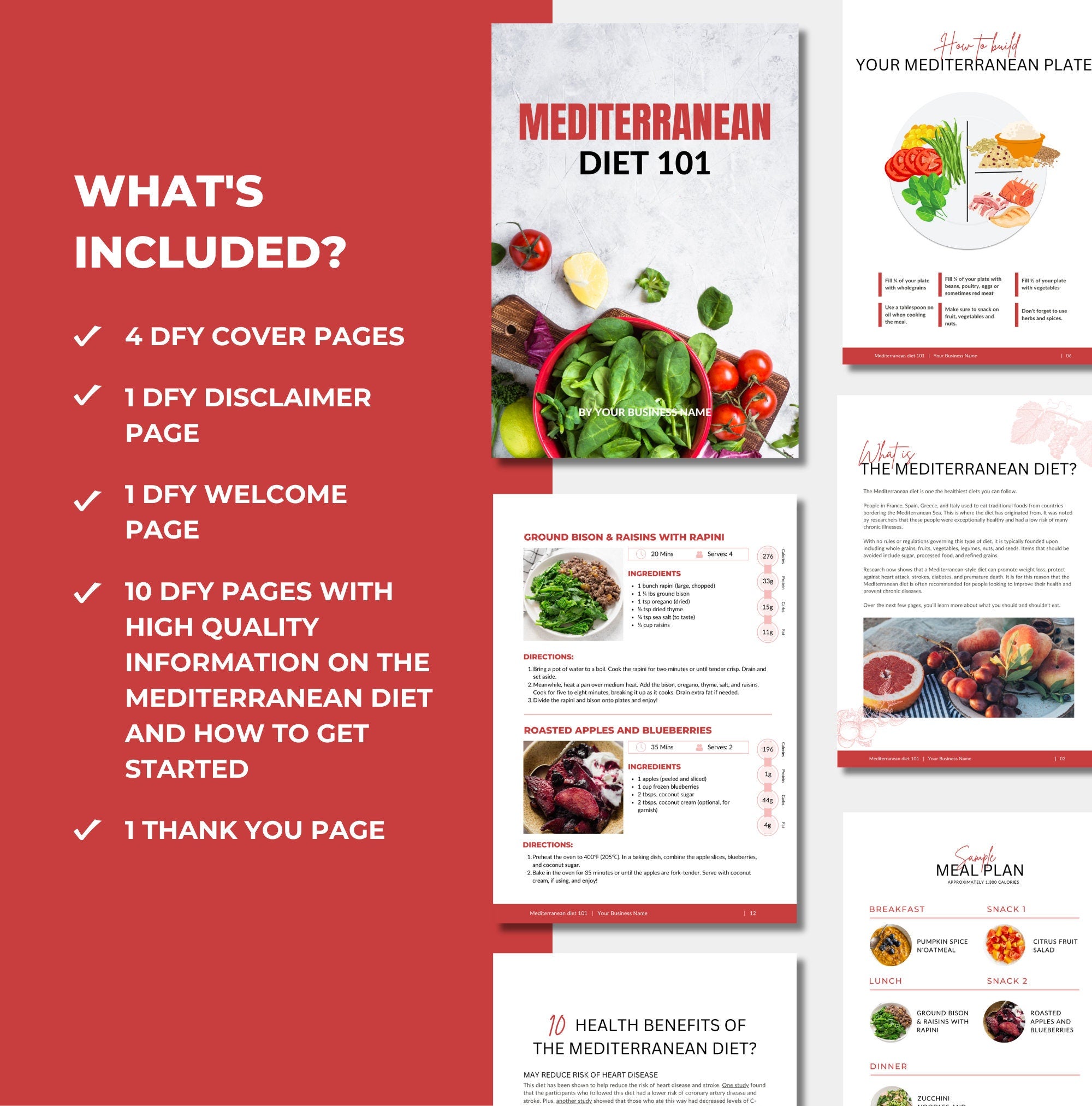 preview of pages and content included in this mediterranean diet 101 guide, canva eBook template, PLR digital product