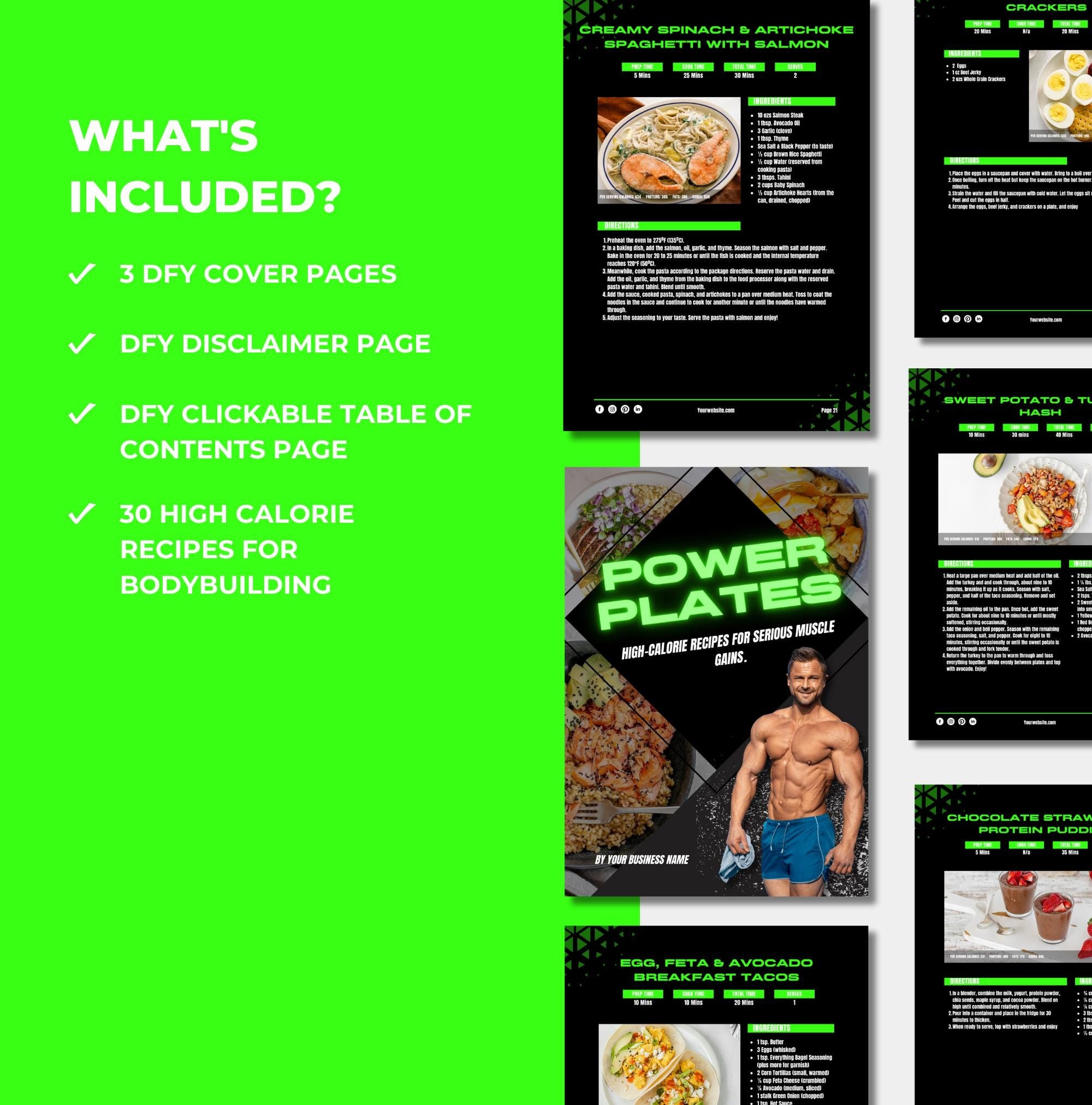 preview of pages and content included with this high calorie cookbook template, plr digital product