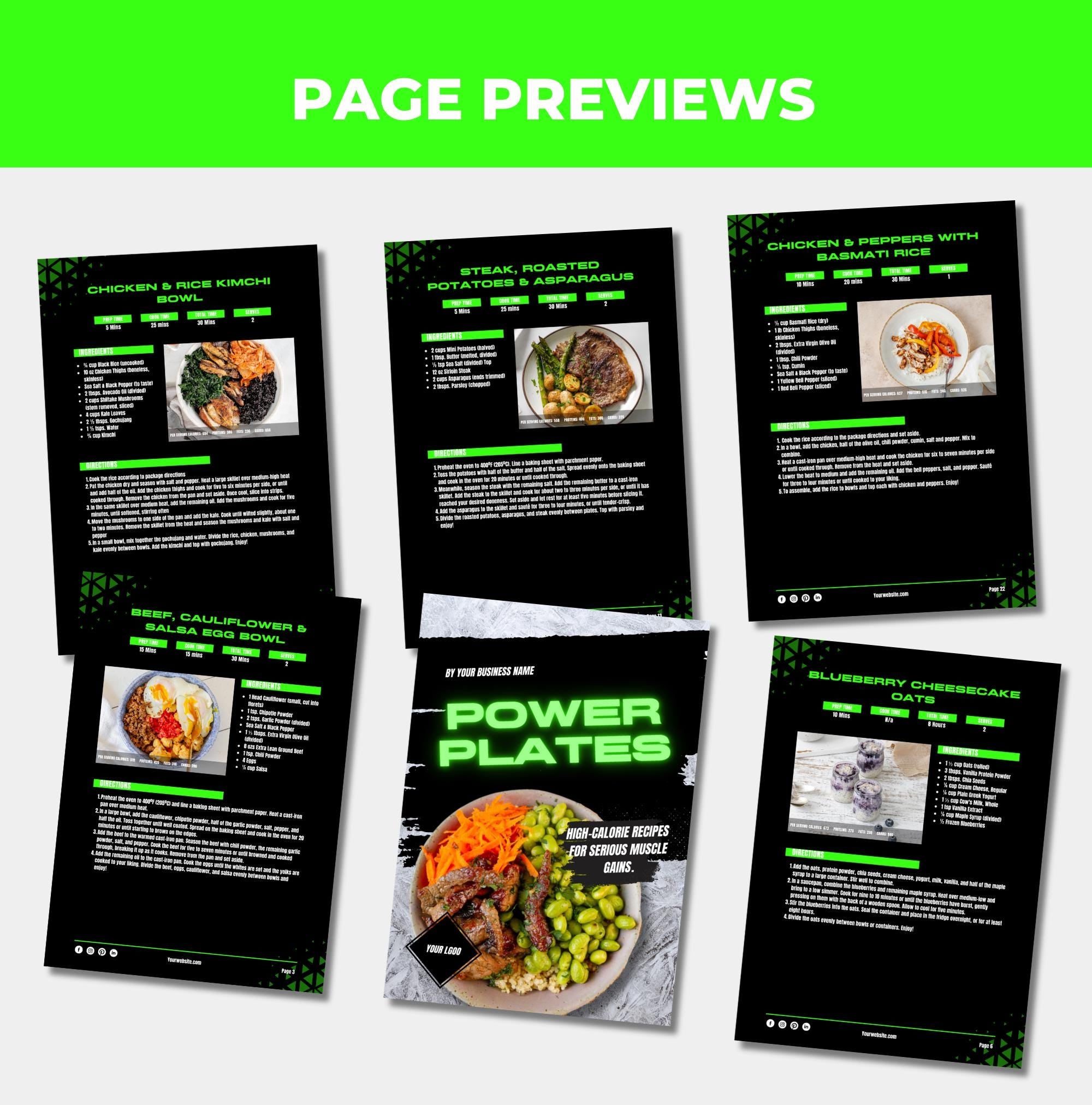 preview of pages and recipes found in this cookbook template, plr digital products