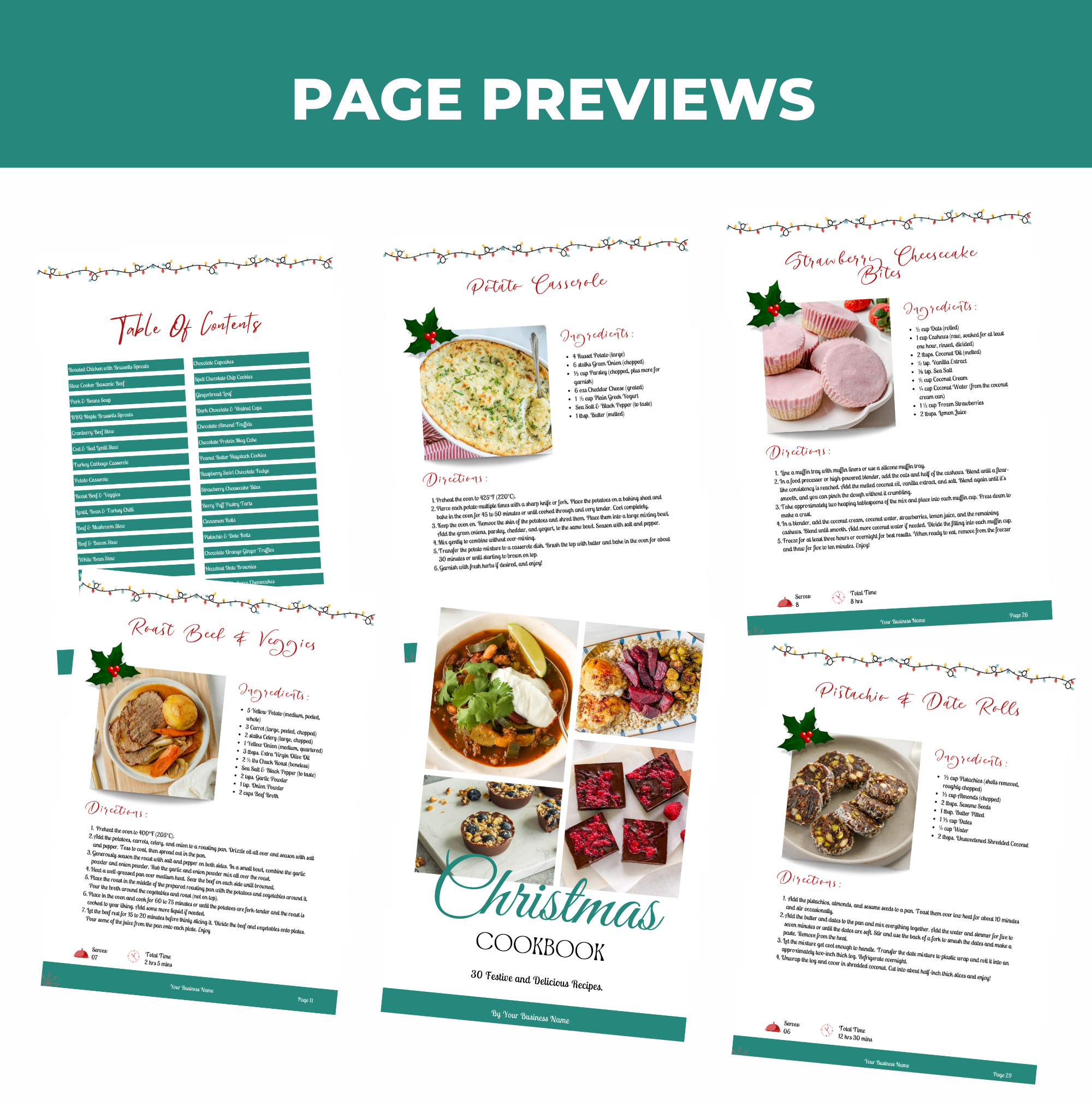 preview of pages found in the 30 Christmas Recipes, Canva Cookbook Template, PLR Digital Product