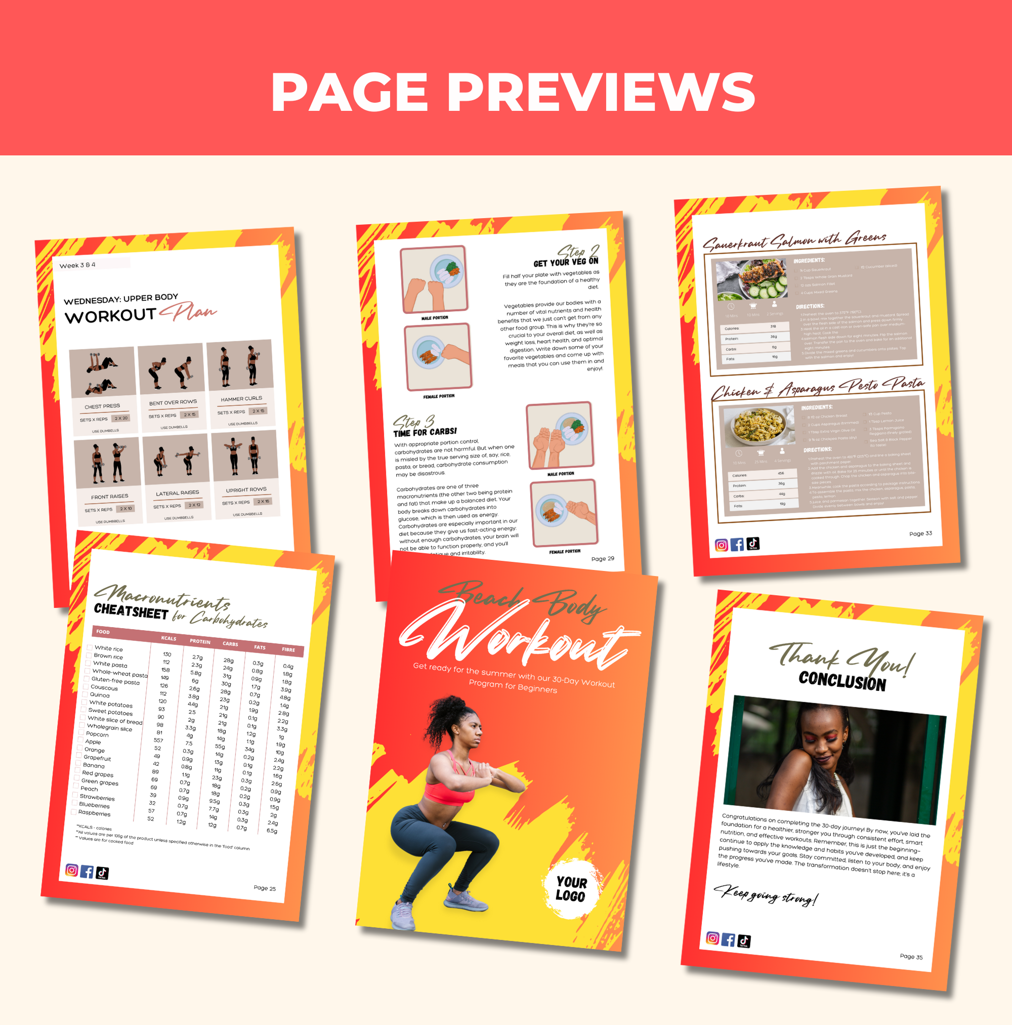 preview of pages found in this 30-Day Home Based Workout Plan, PLR Digital Product, Canva eBook Template