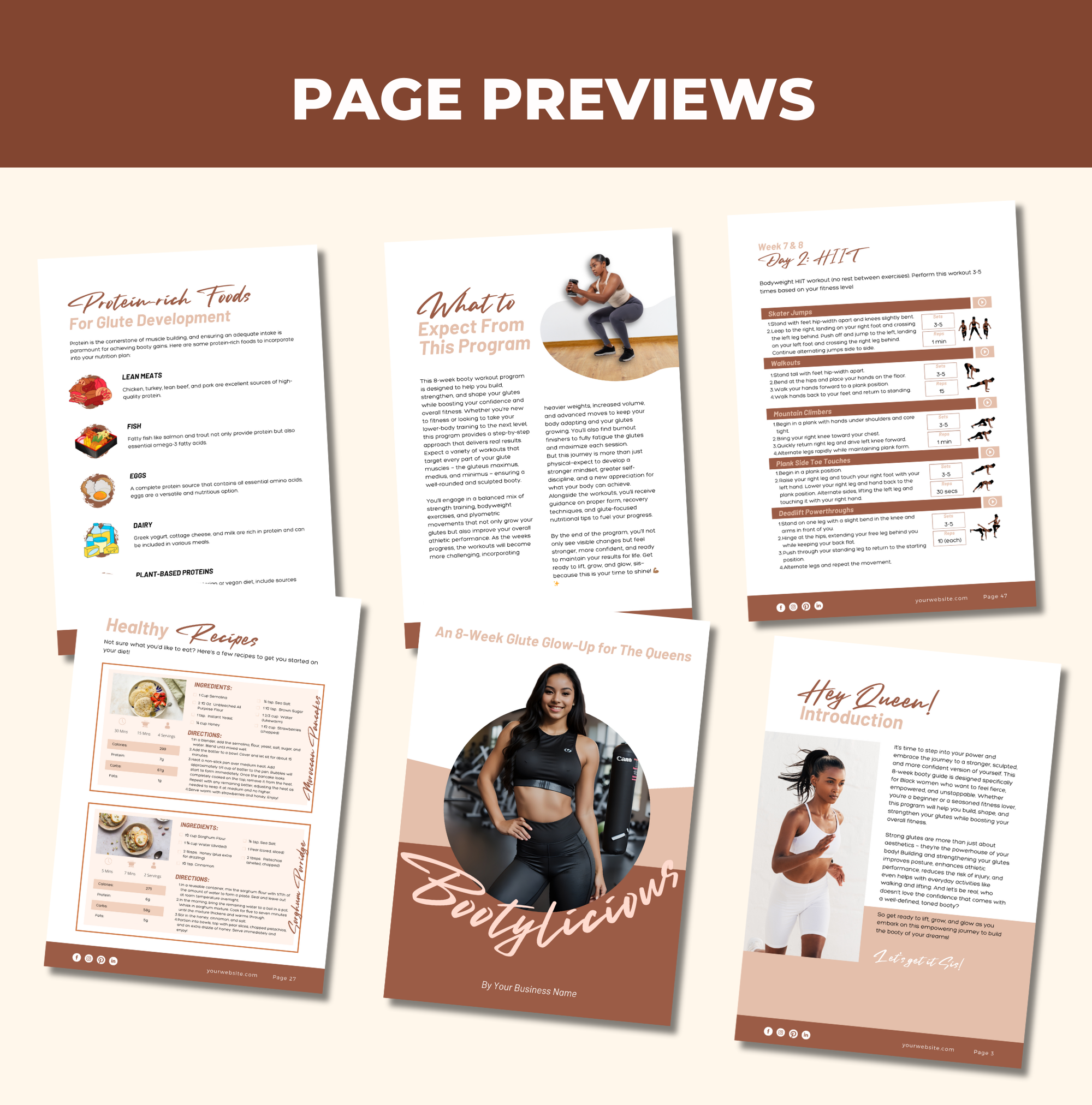 preview of pages found in this Bootylicious Workout Program, PLR Digital Product, Canva eBook Template