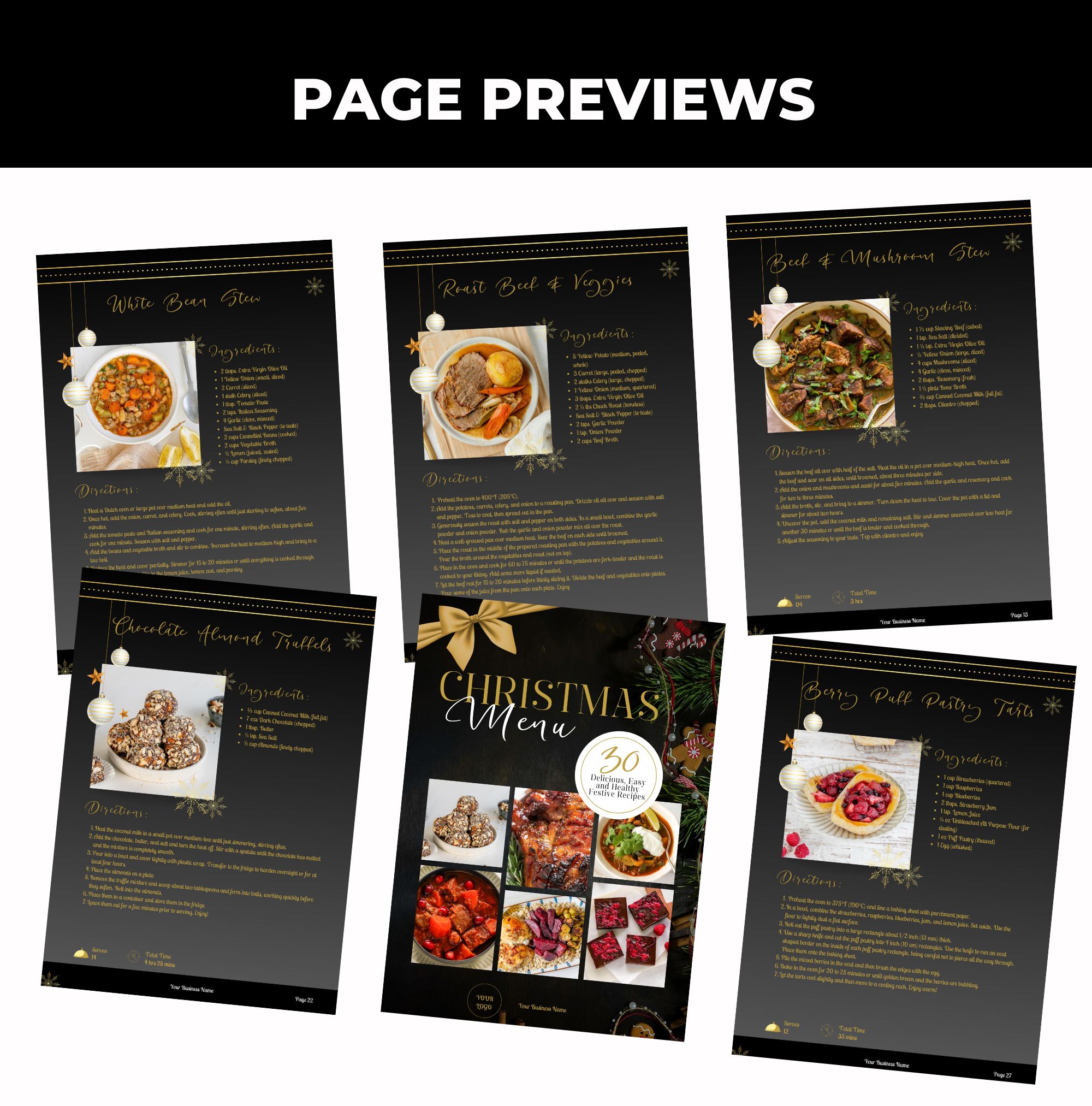 preview of pages included in the 30 Christmas Recipes, Canva Cookbook Template, PLR Digital Product