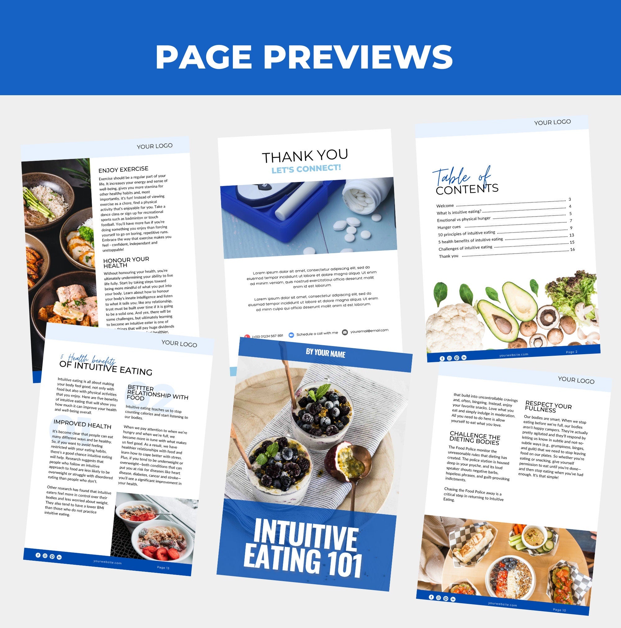 preview of pages included in the intuitive eating 101 guide, Canva eBook template, PLR digital product