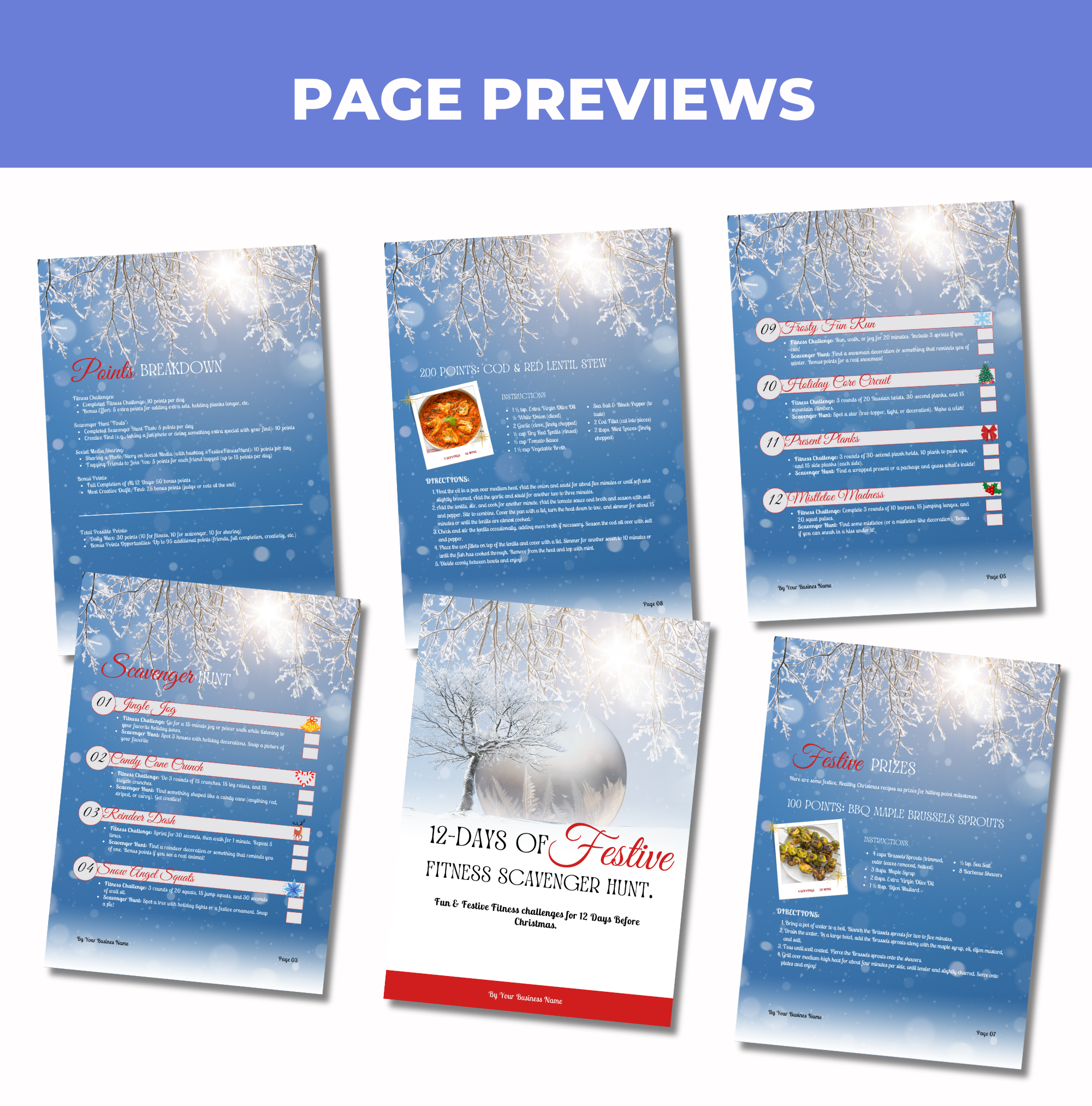 preview of pages included in this 12 Days of Festive Fitness Scavenger Hunt, Canva eBook Template, PLR Digital Product