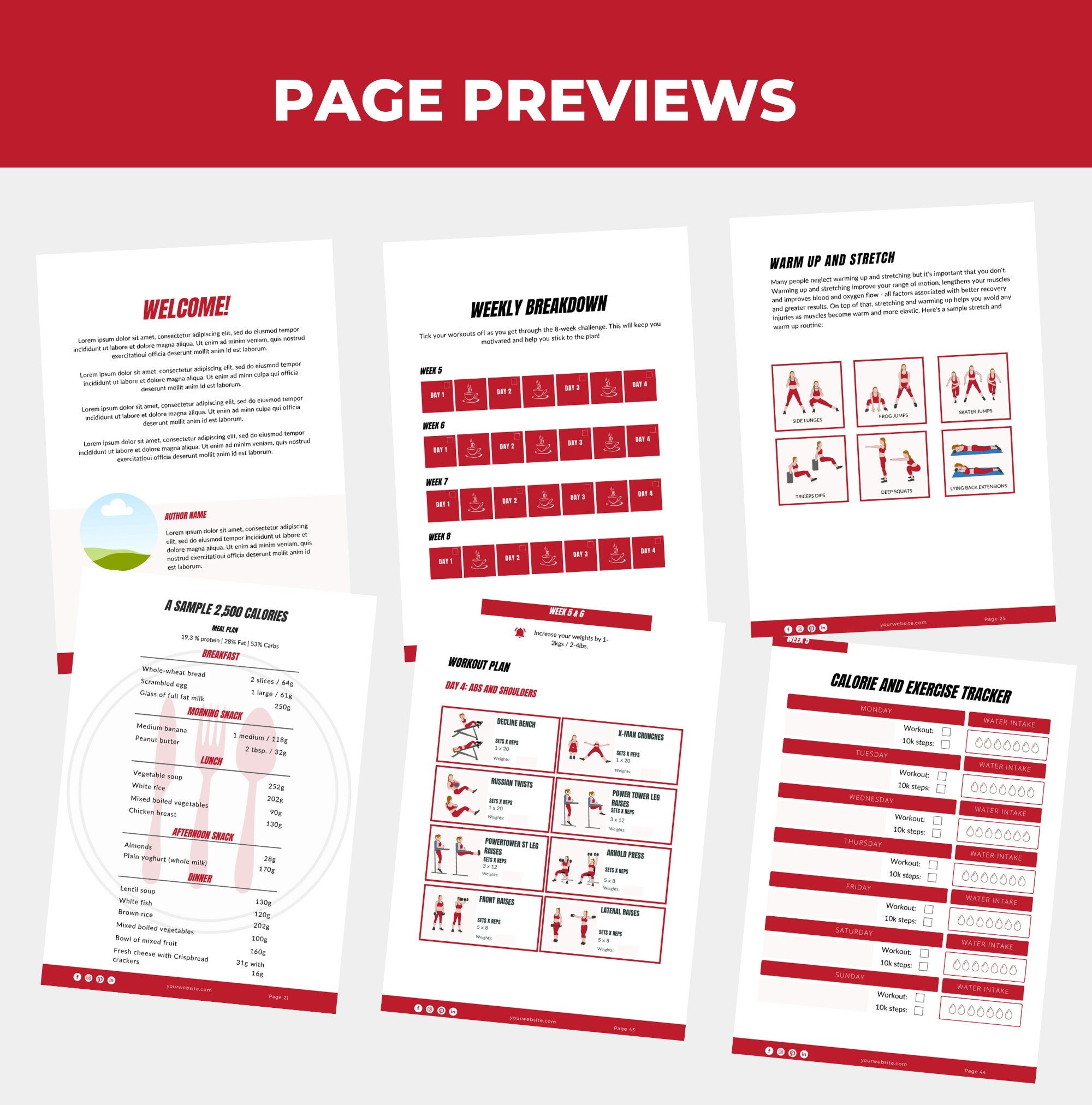 preview of pages included in this canva fitness eBook template, PLR digital product