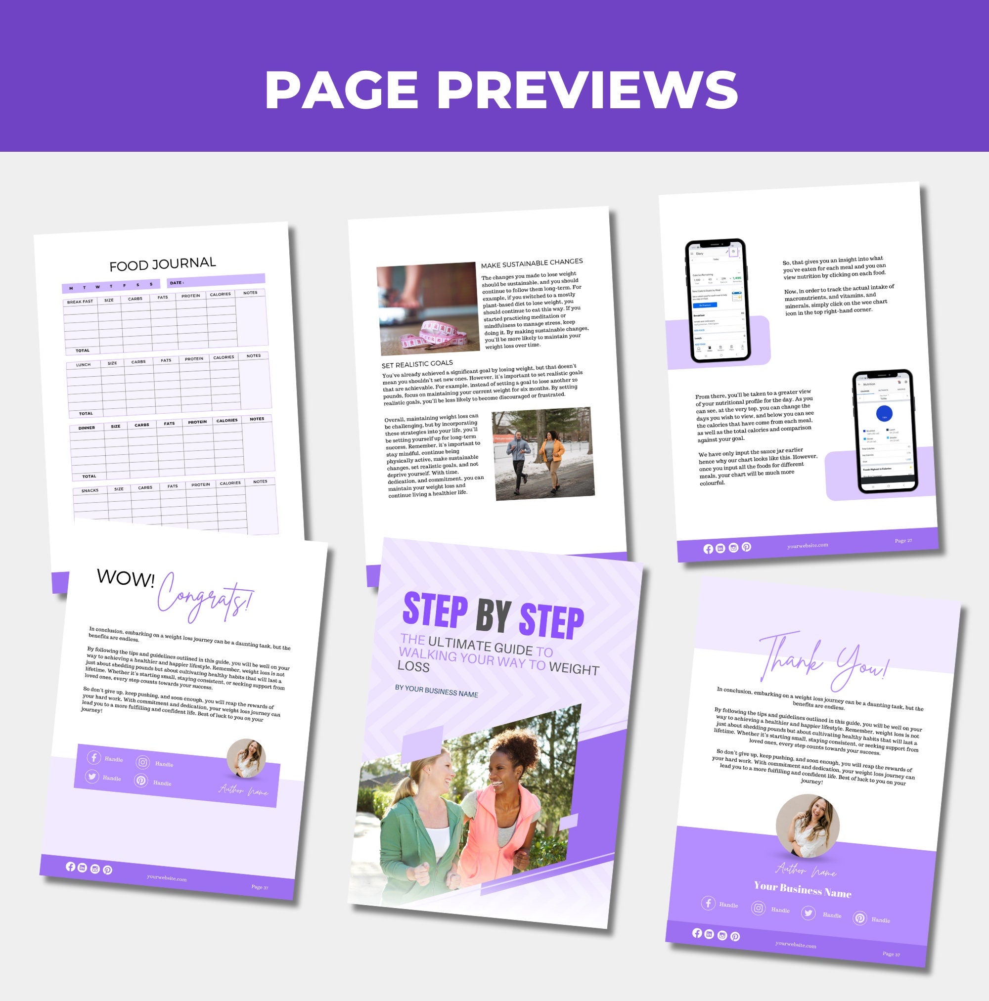 preview of pages included in this guide to walking for weight loss, Canva eBook template, PLR digital product