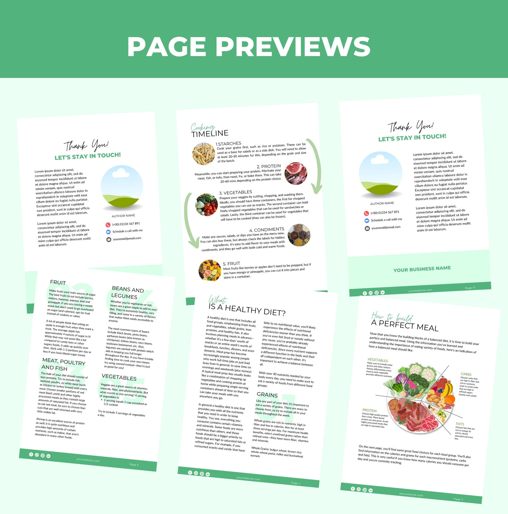 preview of pages included in this meal prepping 101 guide, canva eBook template, plr digital product