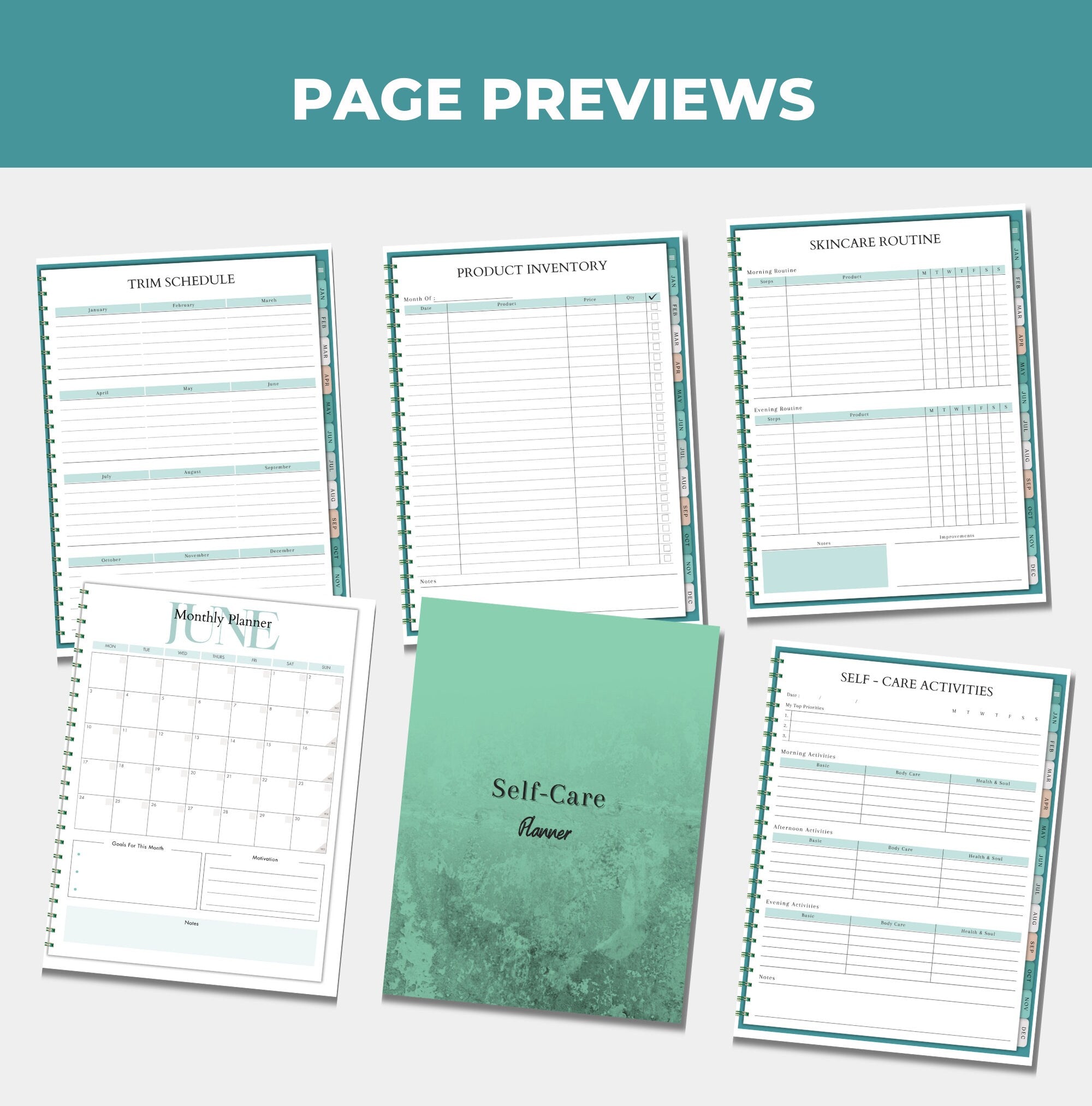 preview of pages included in this self care planner template, PLR digital product