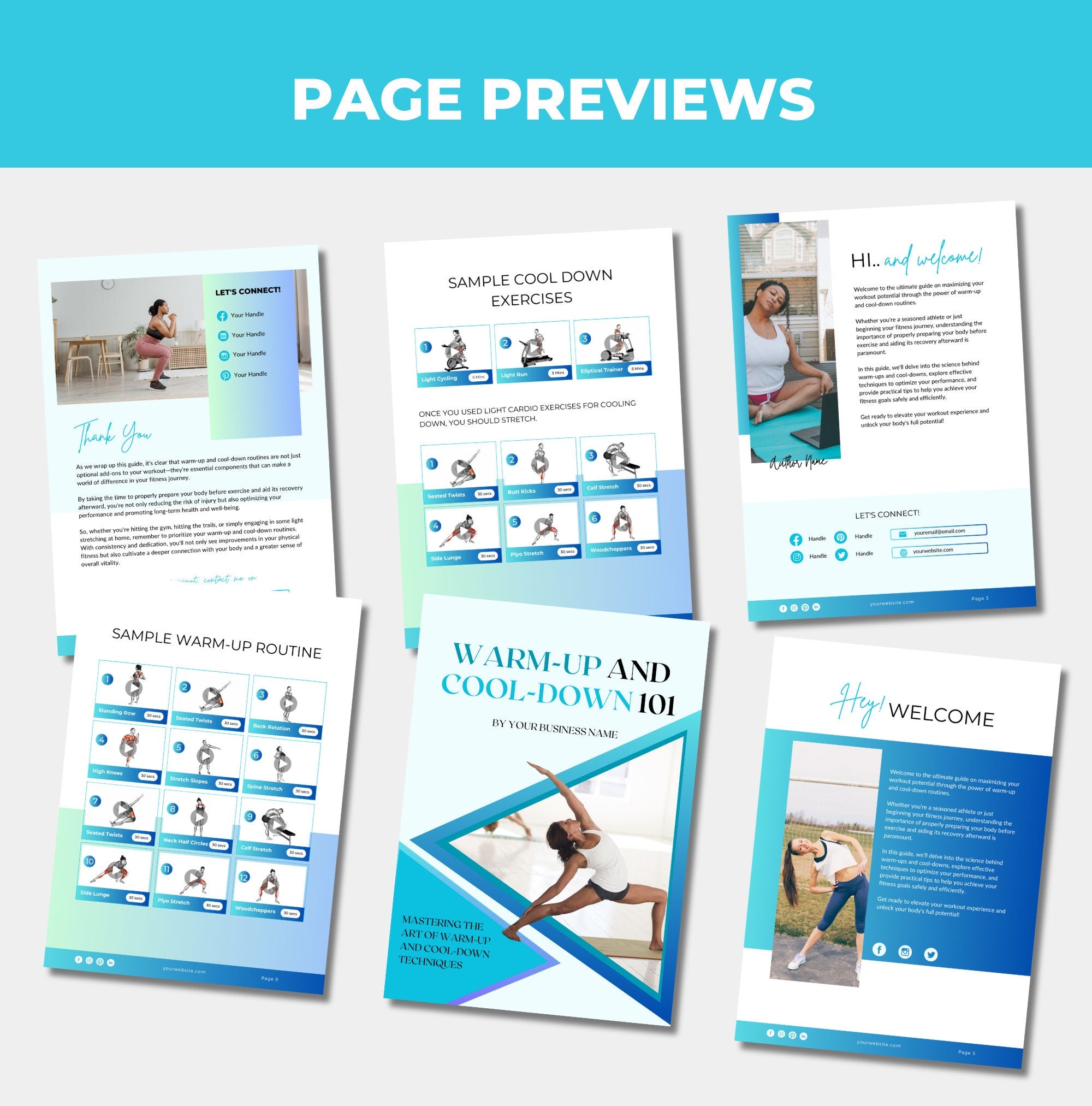 preview of pages included in this warm up and cool down guide, Canva eBook template, PLR digital product