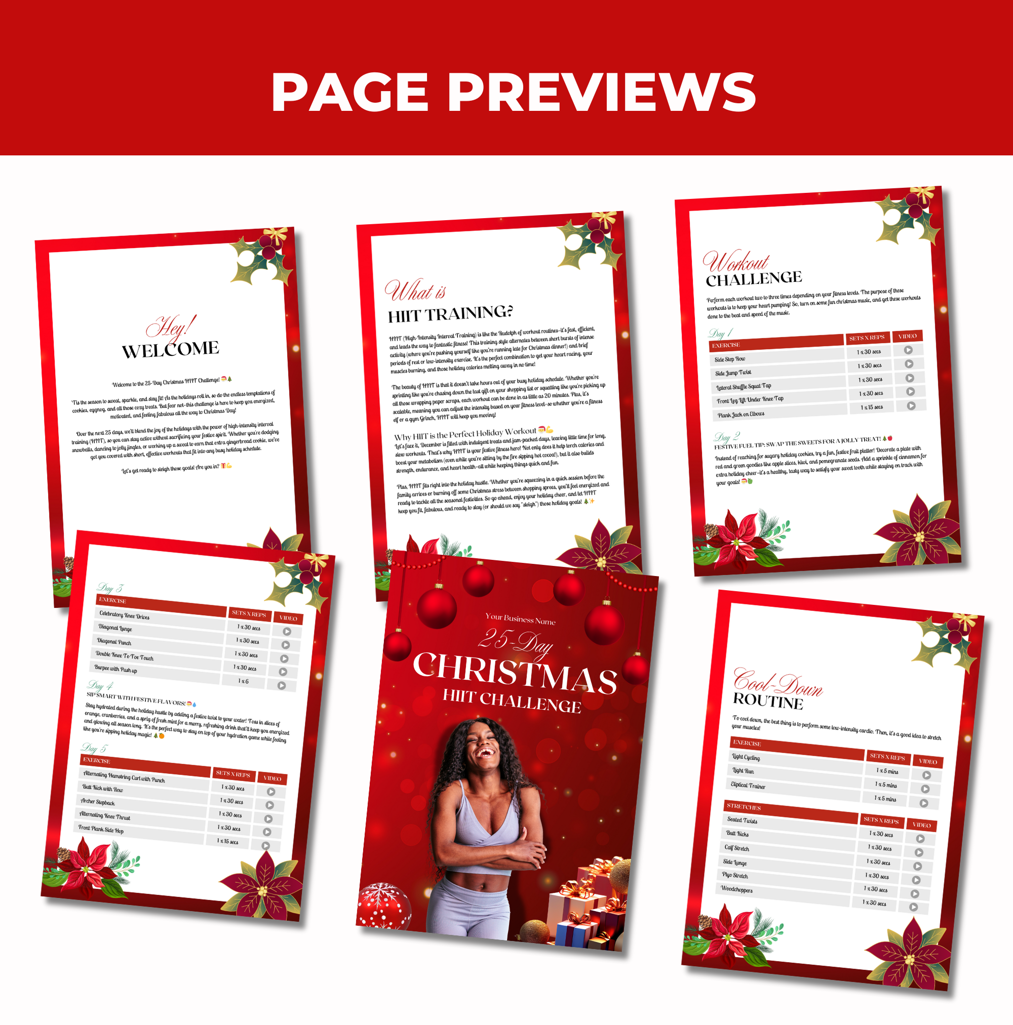 preview of pages included with this 25-Day Christmas HIIT Challenge, PLR Digital Product, Canva eBook Template