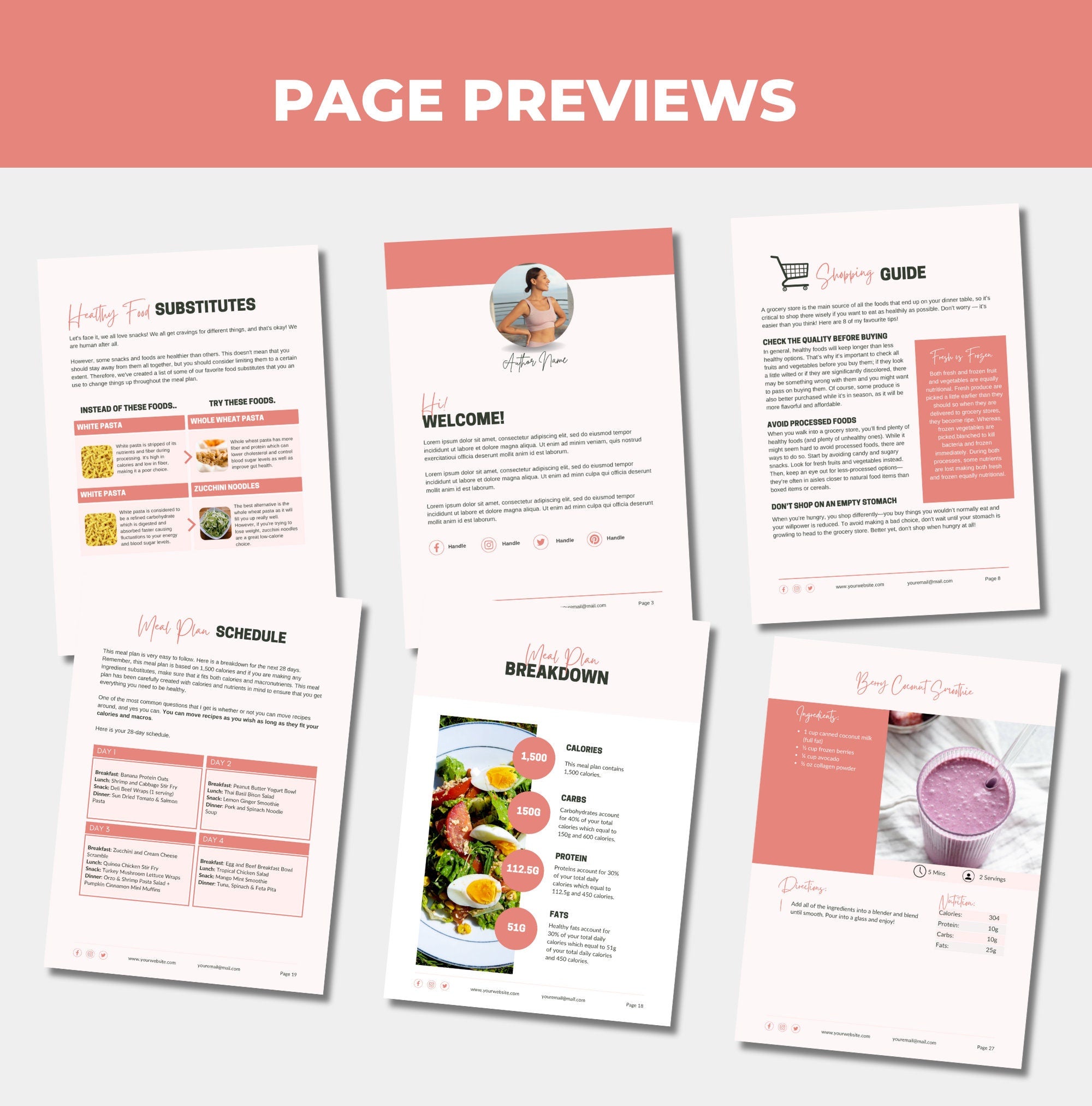 preview of pages included with this high protein meal plan template