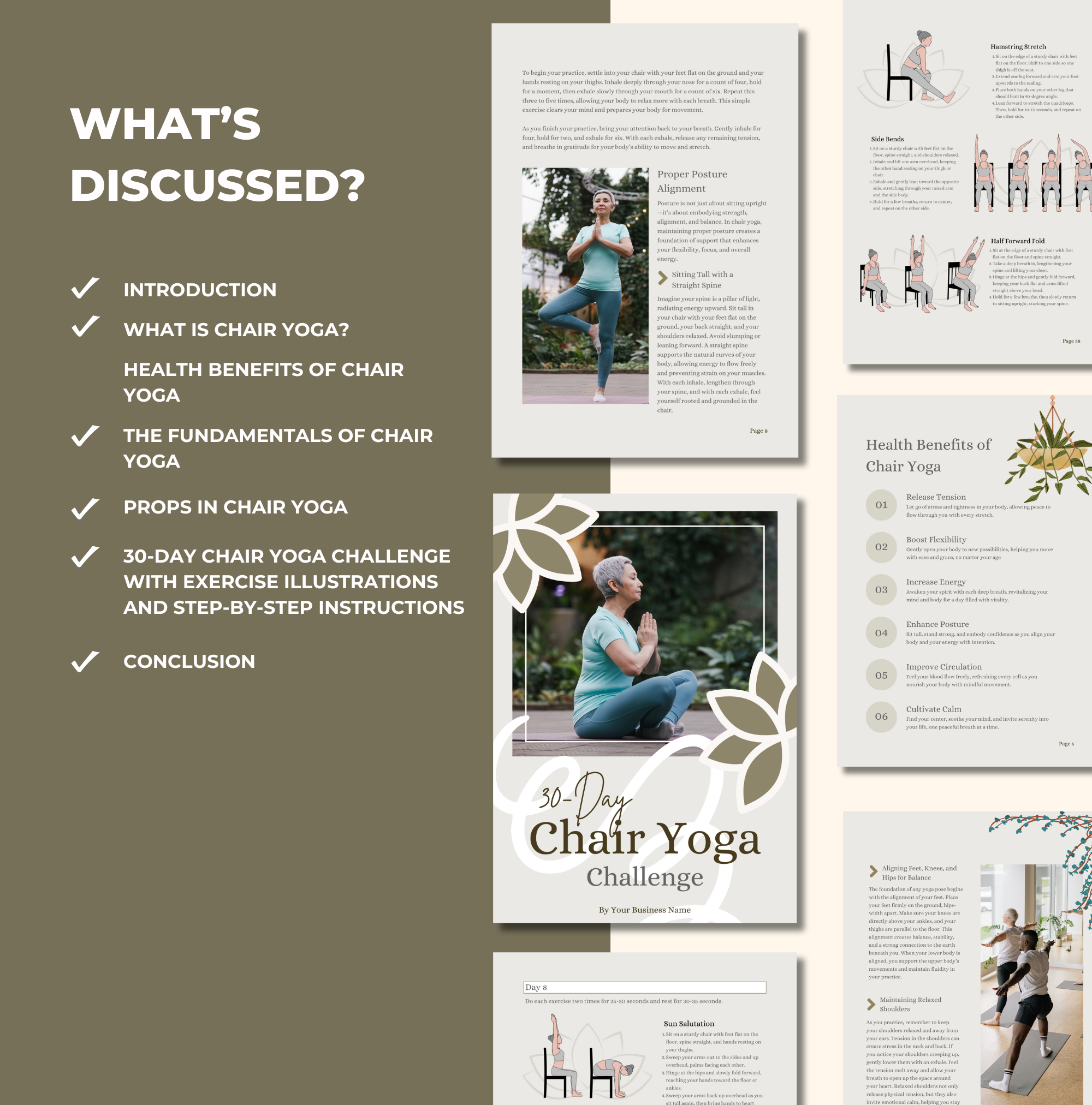 preview of the chapters that are discussed in this 30-Day Chair Yoga Challenge, Canva eBook Template, PLR Digital Product